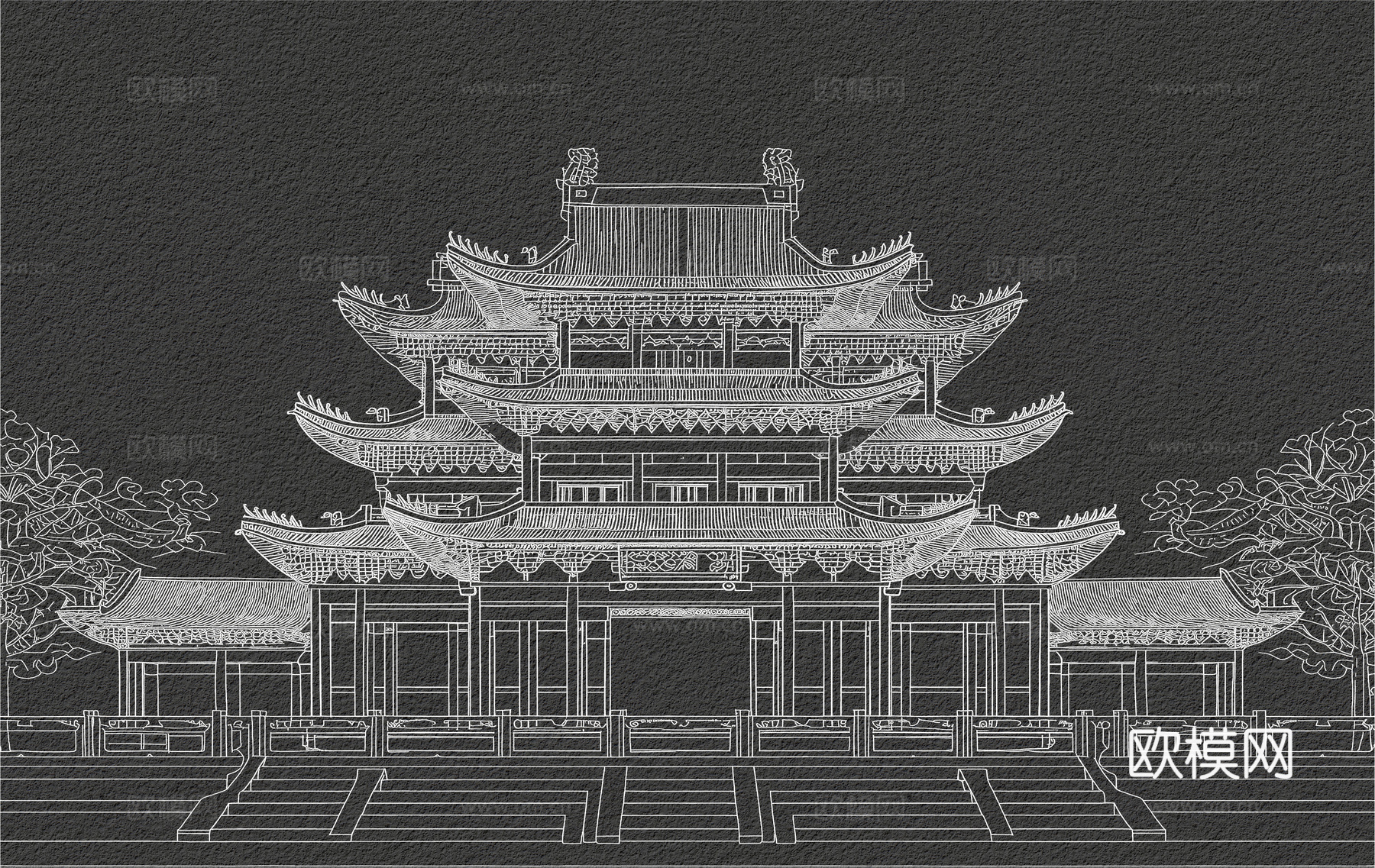 新中式亭台楼阁中式建筑线条肌理工装背景墙