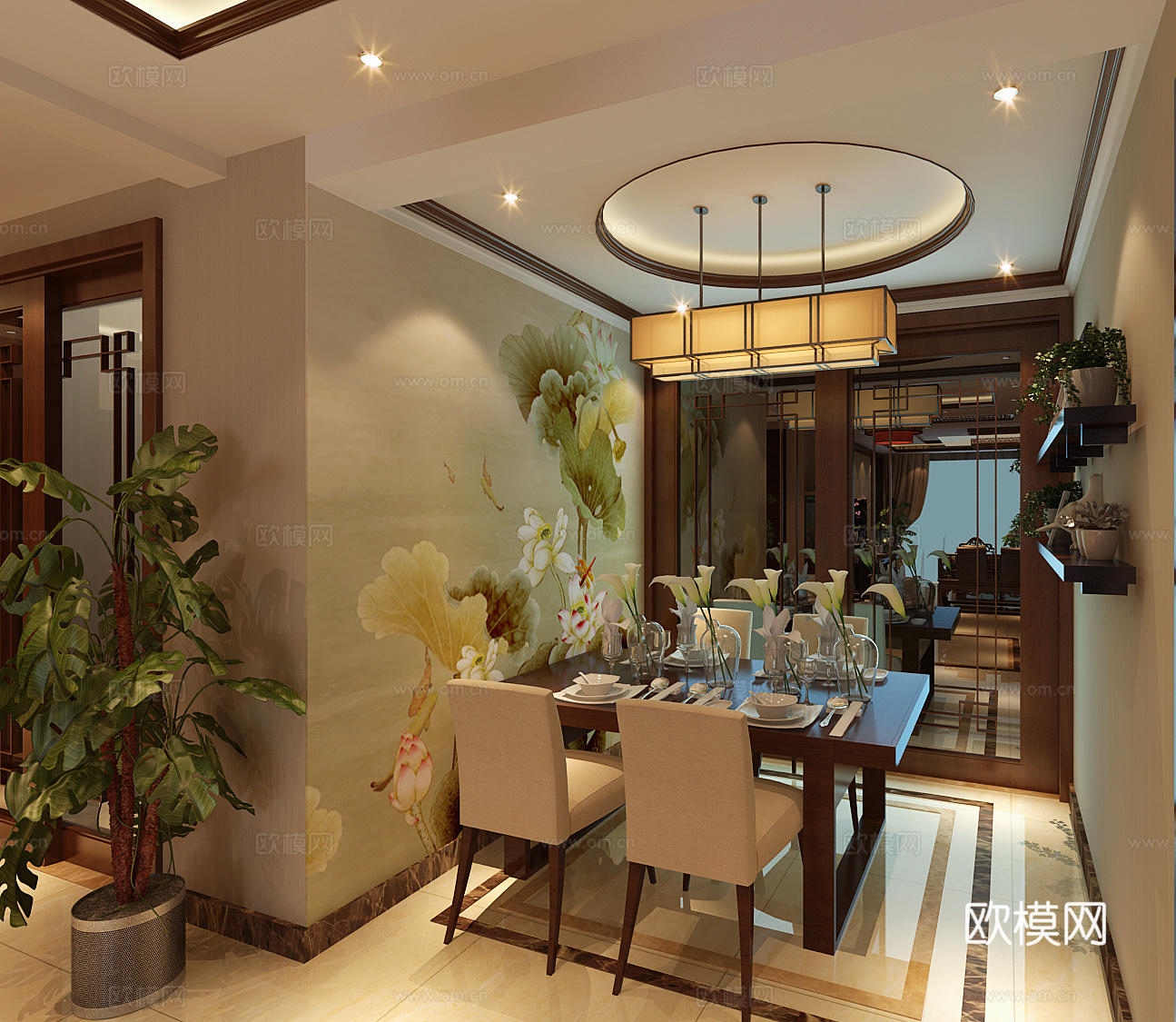 新中式客餐厅吊灯 台灯 多人沙发 单人沙发 茶几 装饰柜3d模型