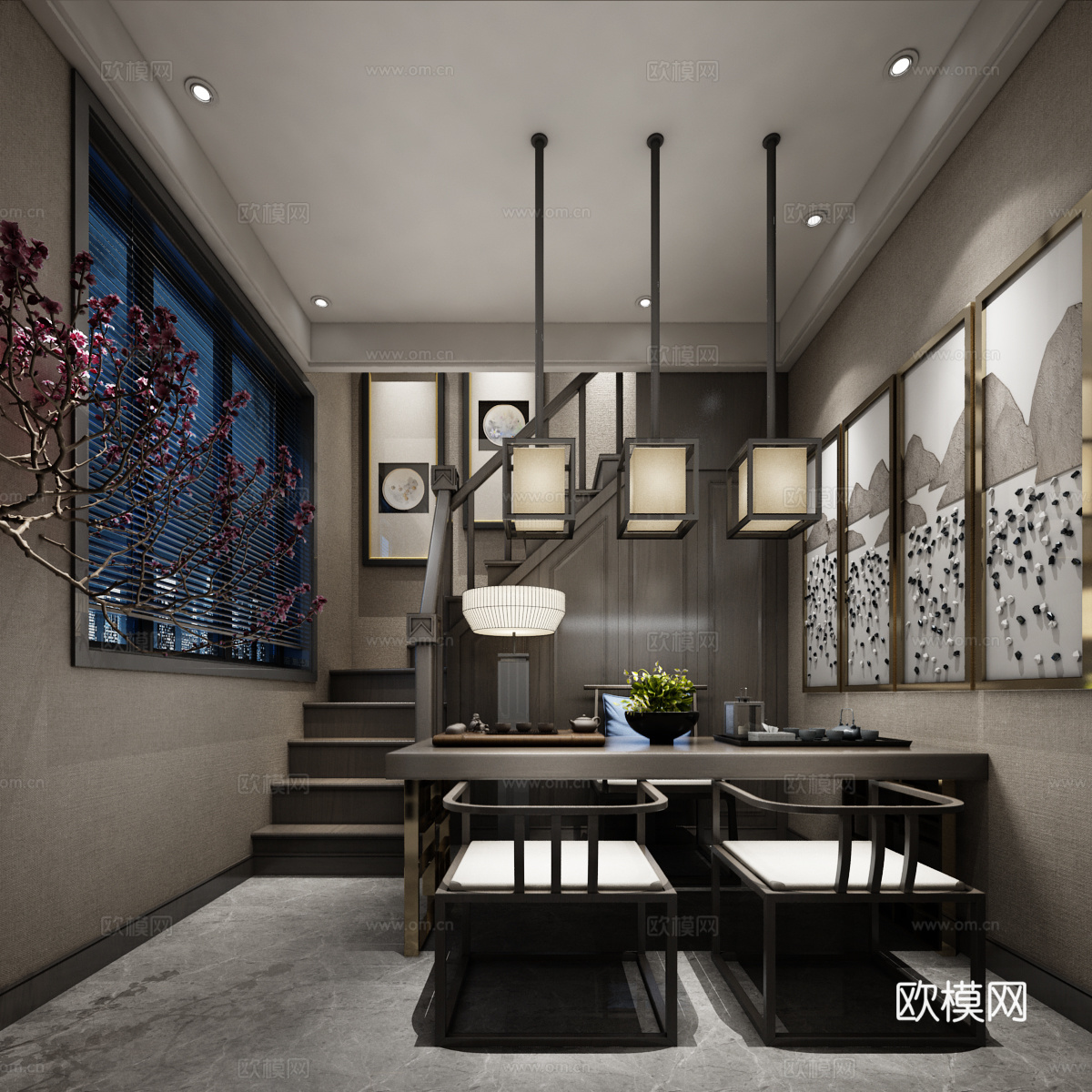 现代餐厅 餐桌椅组合  吊灯3d模型