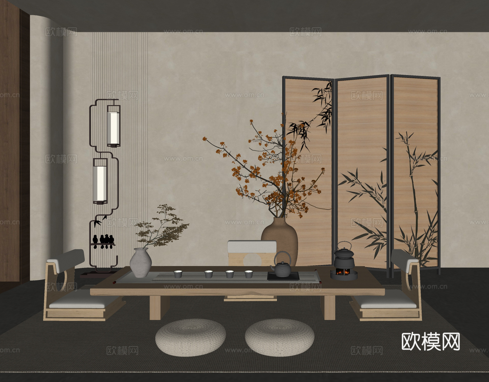 新中式茶室 榻榻米茶室 中式屏风 花艺摆件 中式落地灯su模型