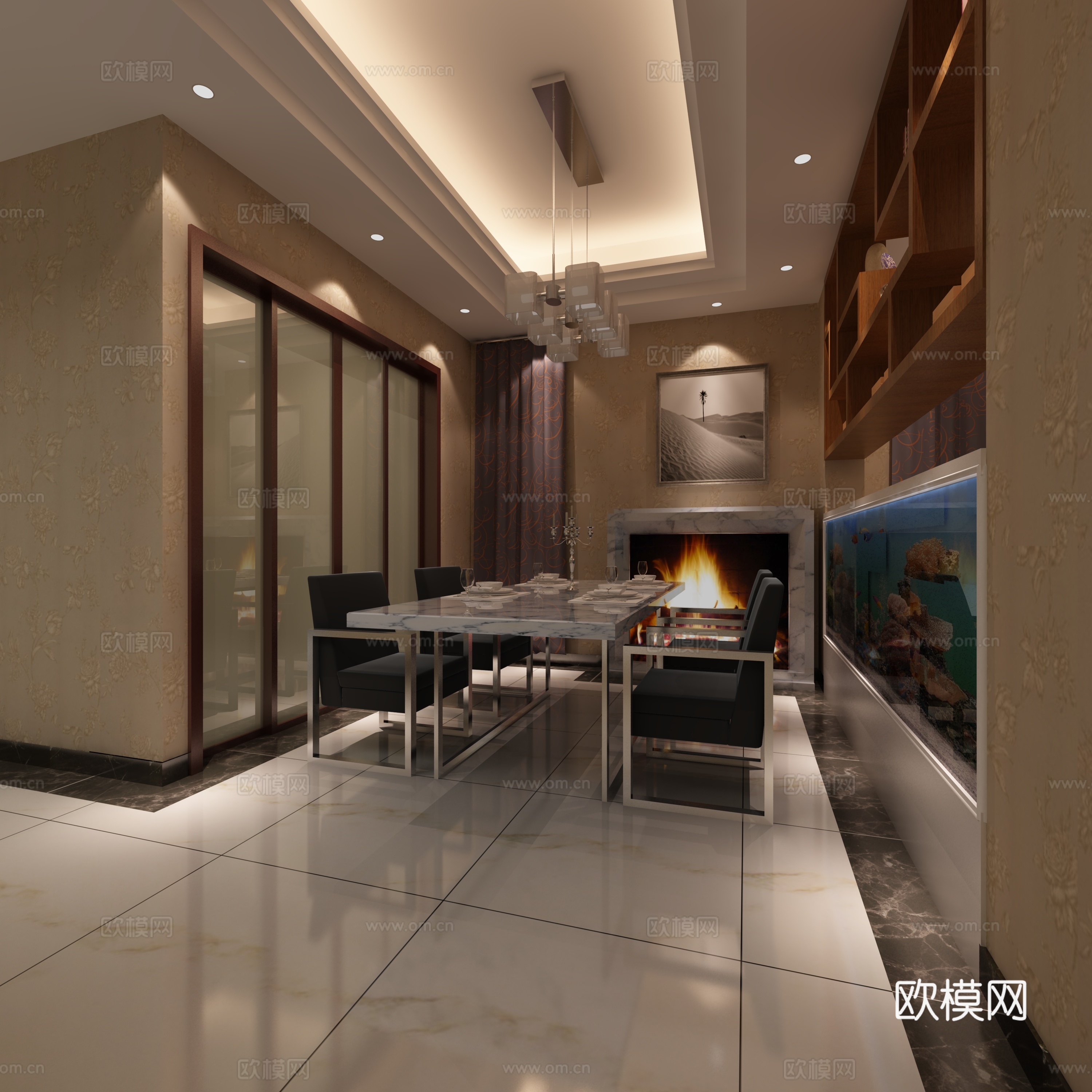 现代家居餐厅 挂画 吊灯 餐桌椅 火炉 鱼缸3d模型
