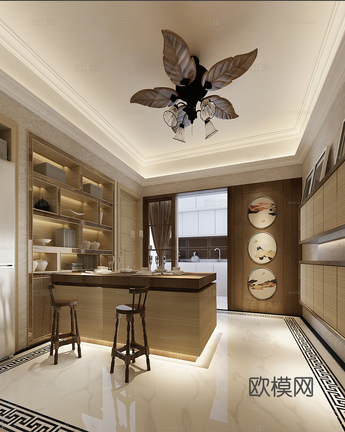 新中式餐厅 吊扇灯 柜台 椅子3d模型