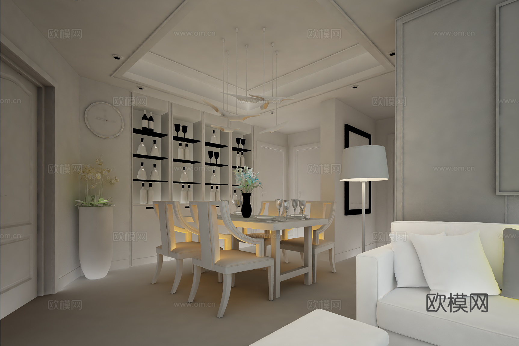 现代简欧餐厅 餐桌椅 吊灯3d模型