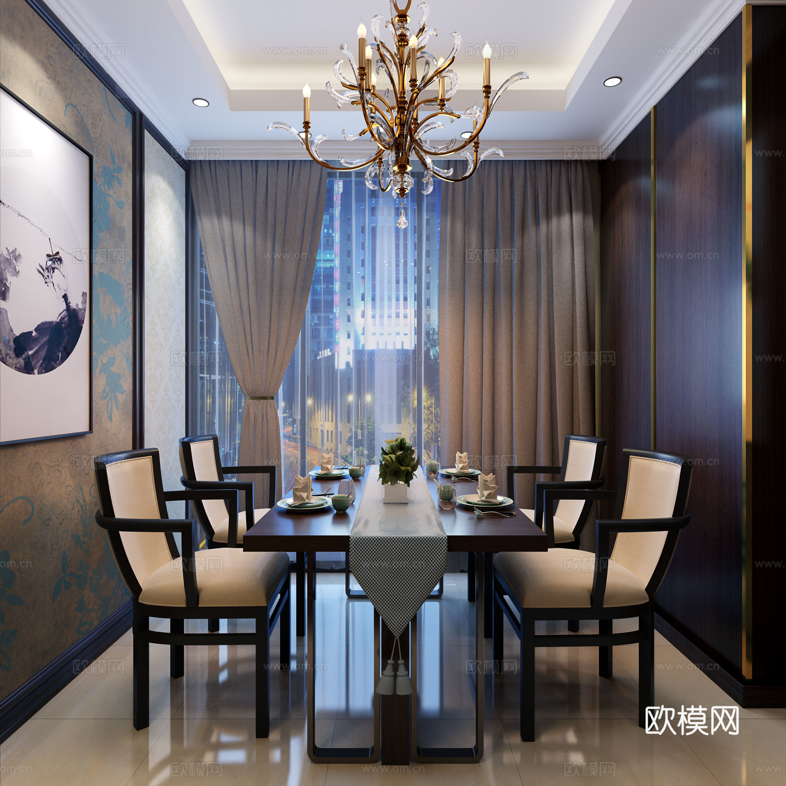 新中式餐厅 餐桌椅组合 吊灯3d模型
