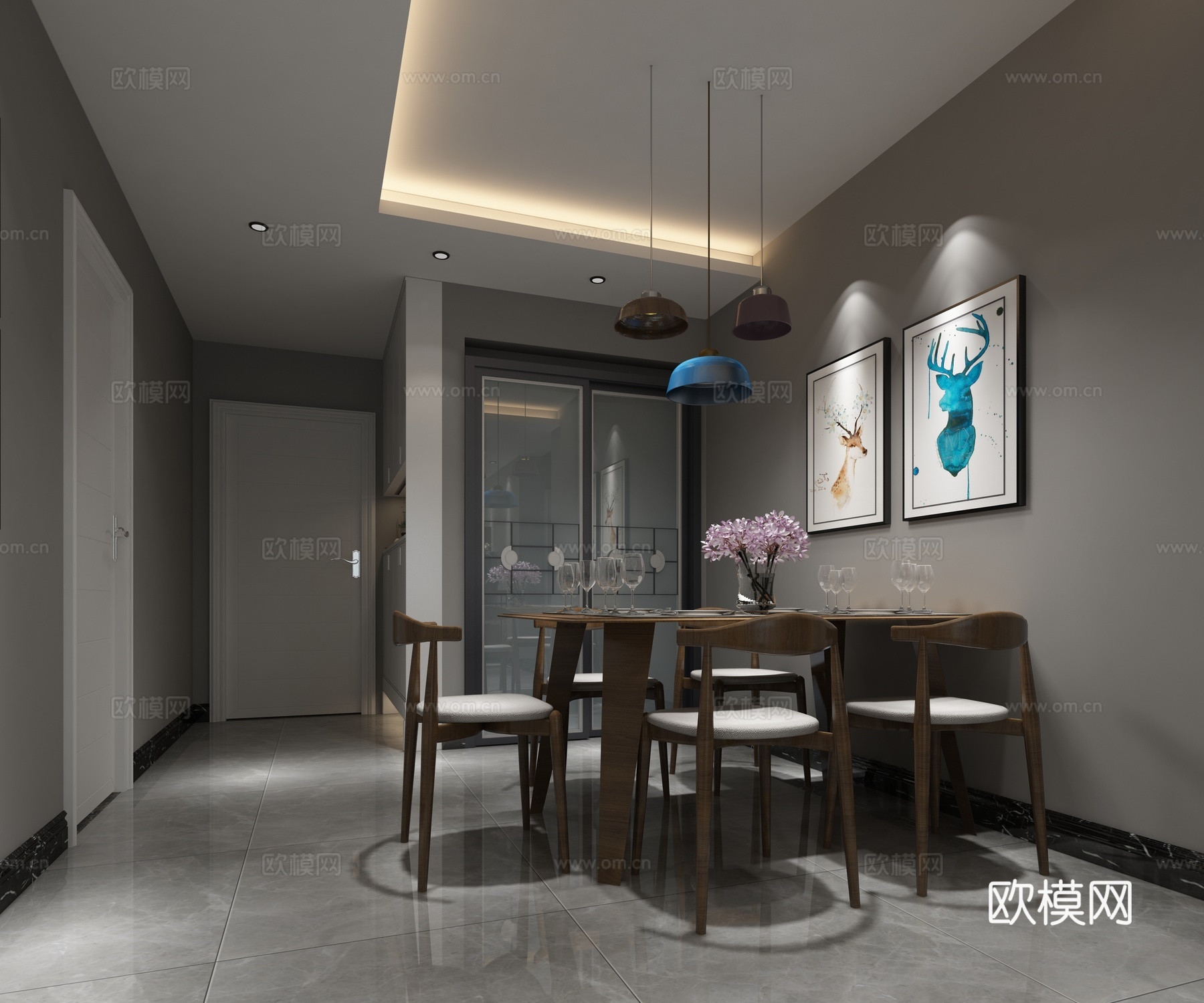 北欧餐厅 餐桌椅 挂画 橱柜3d模型