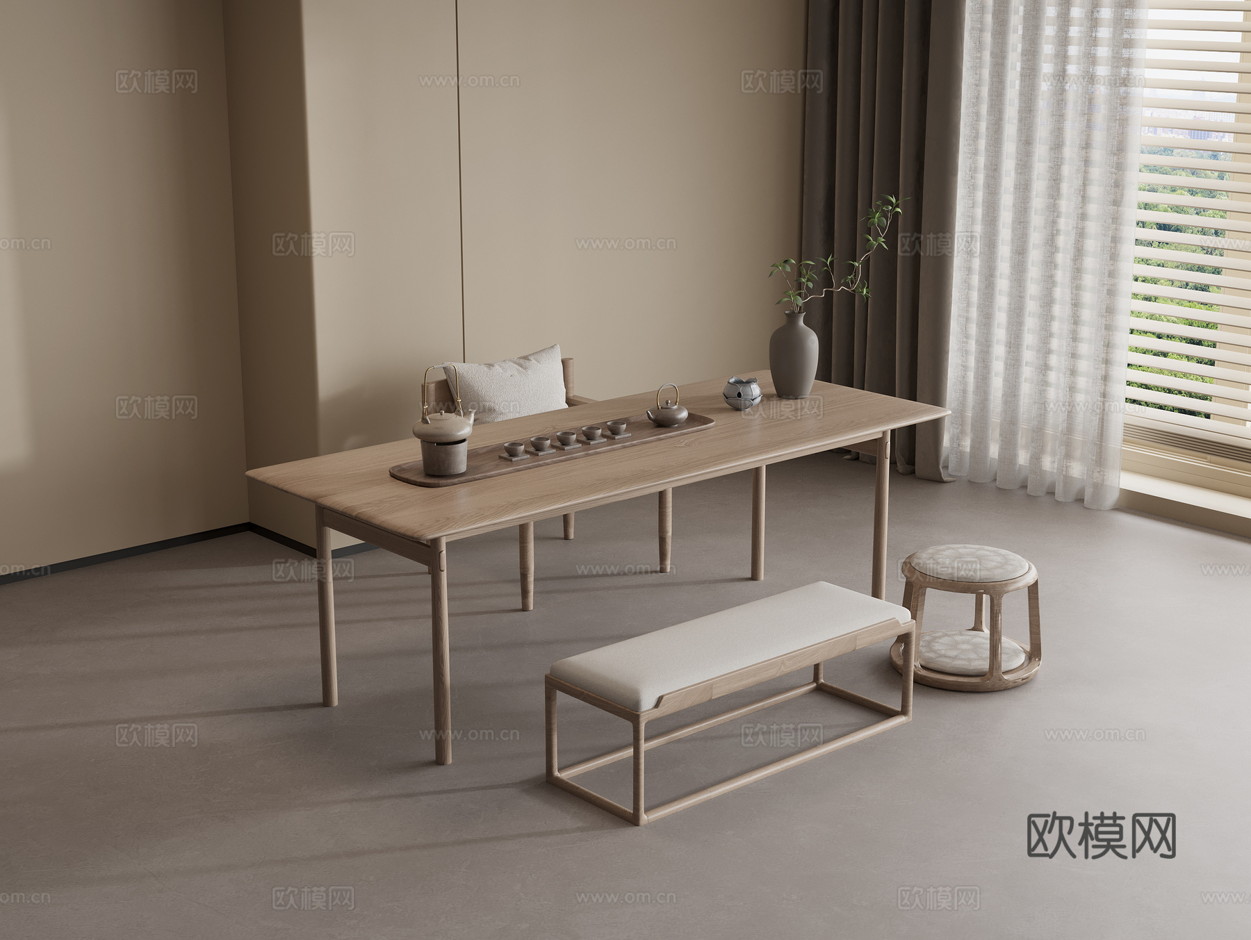 实木茶桌椅组合 实木茶桌 实木单椅 休闲长椅 圆凳 茶具组合3d模型
