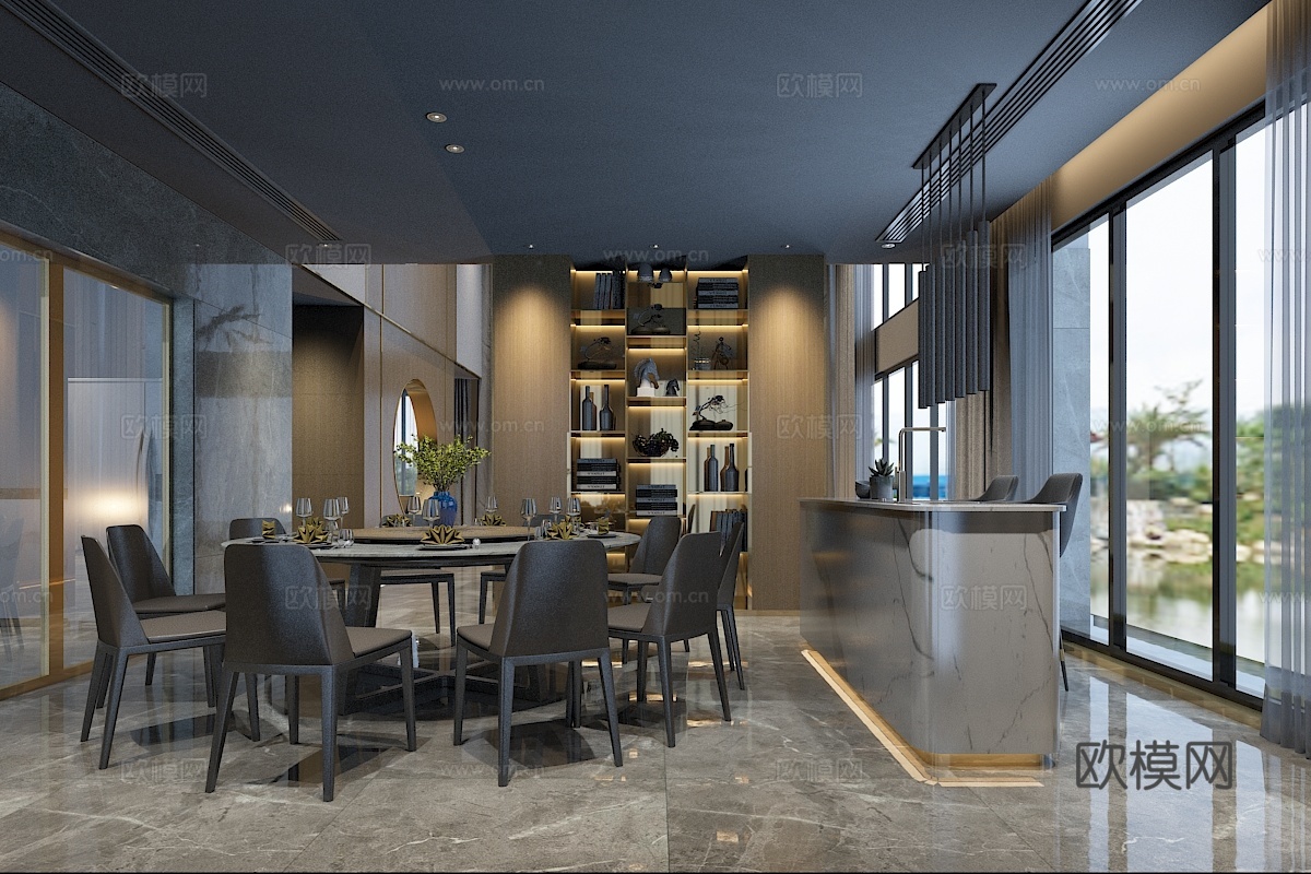现代餐厅 现代餐桌椅组合 现代吊灯   现代餐厅吧台3d模型