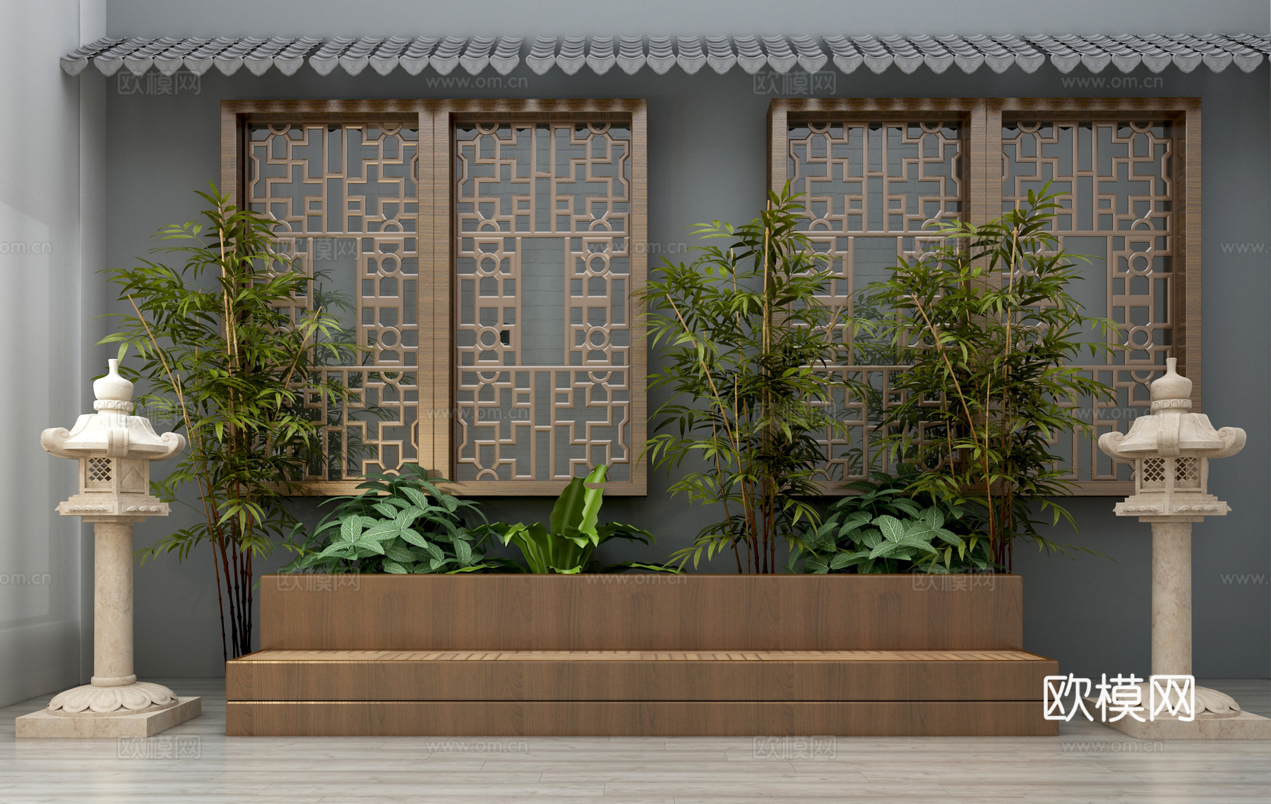 园林小品 中式长椅 公园长椅 木质长椅 地灯 竹子 植物3d模型
