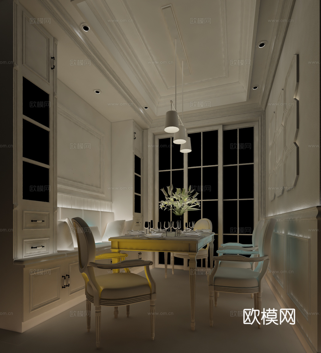 简欧餐厅 餐桌椅 吊灯3d模型