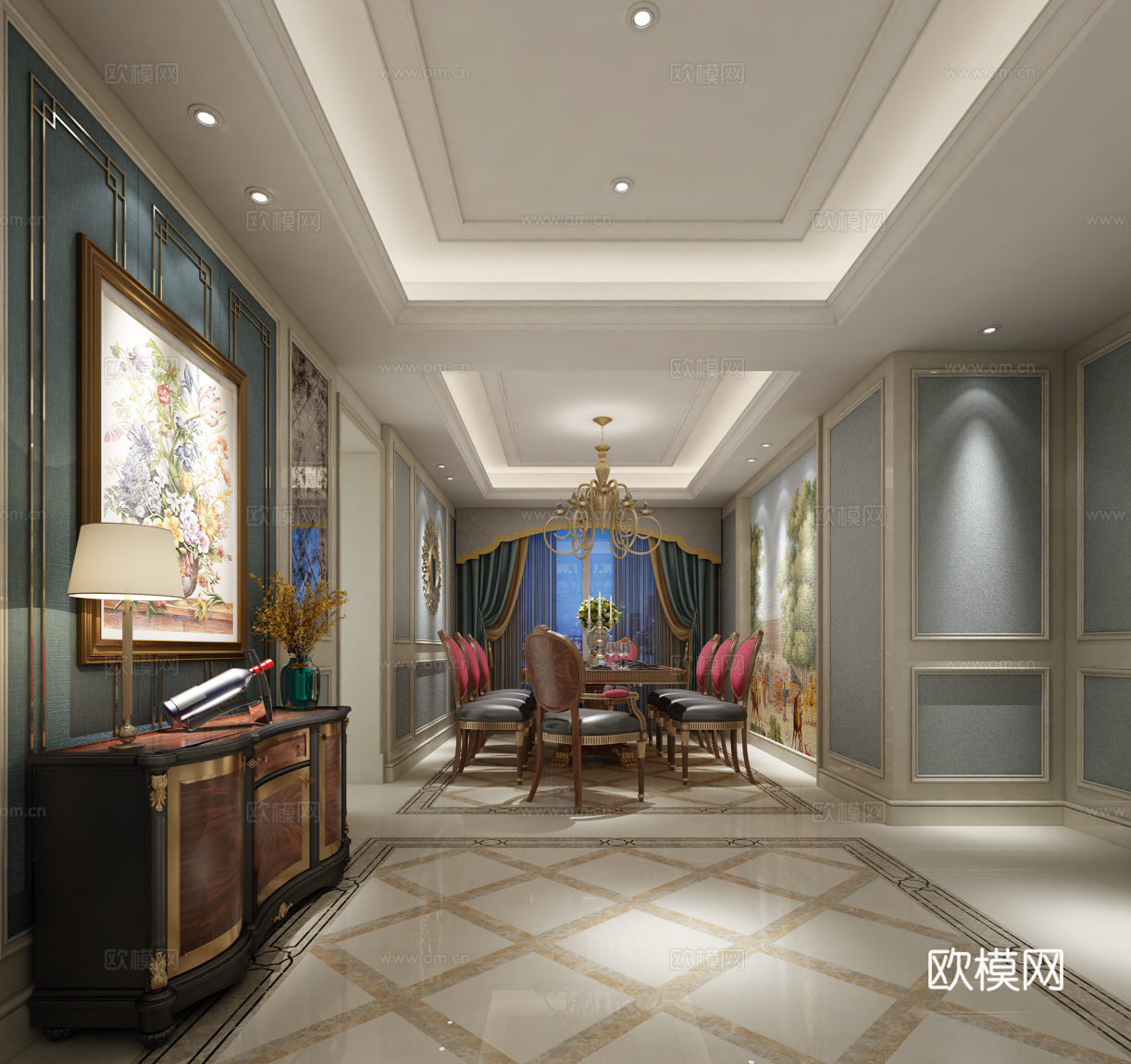 欧式简约餐厅 餐桌椅组合  吊灯3d模型
