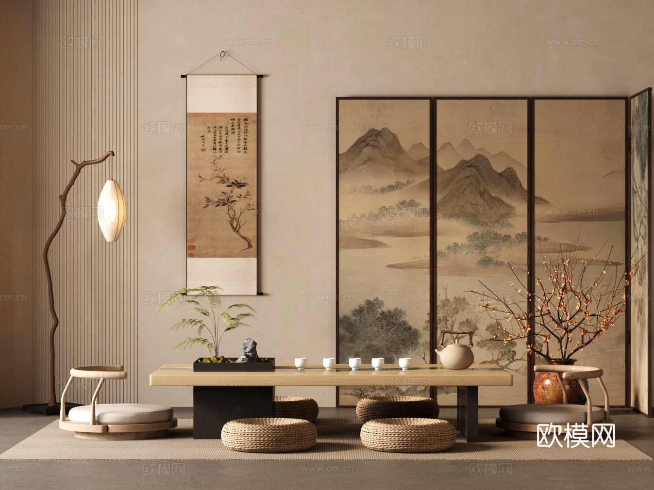 新中式茶室 榻榻米茶室 茶桌椅组合 中式屏风3d模型