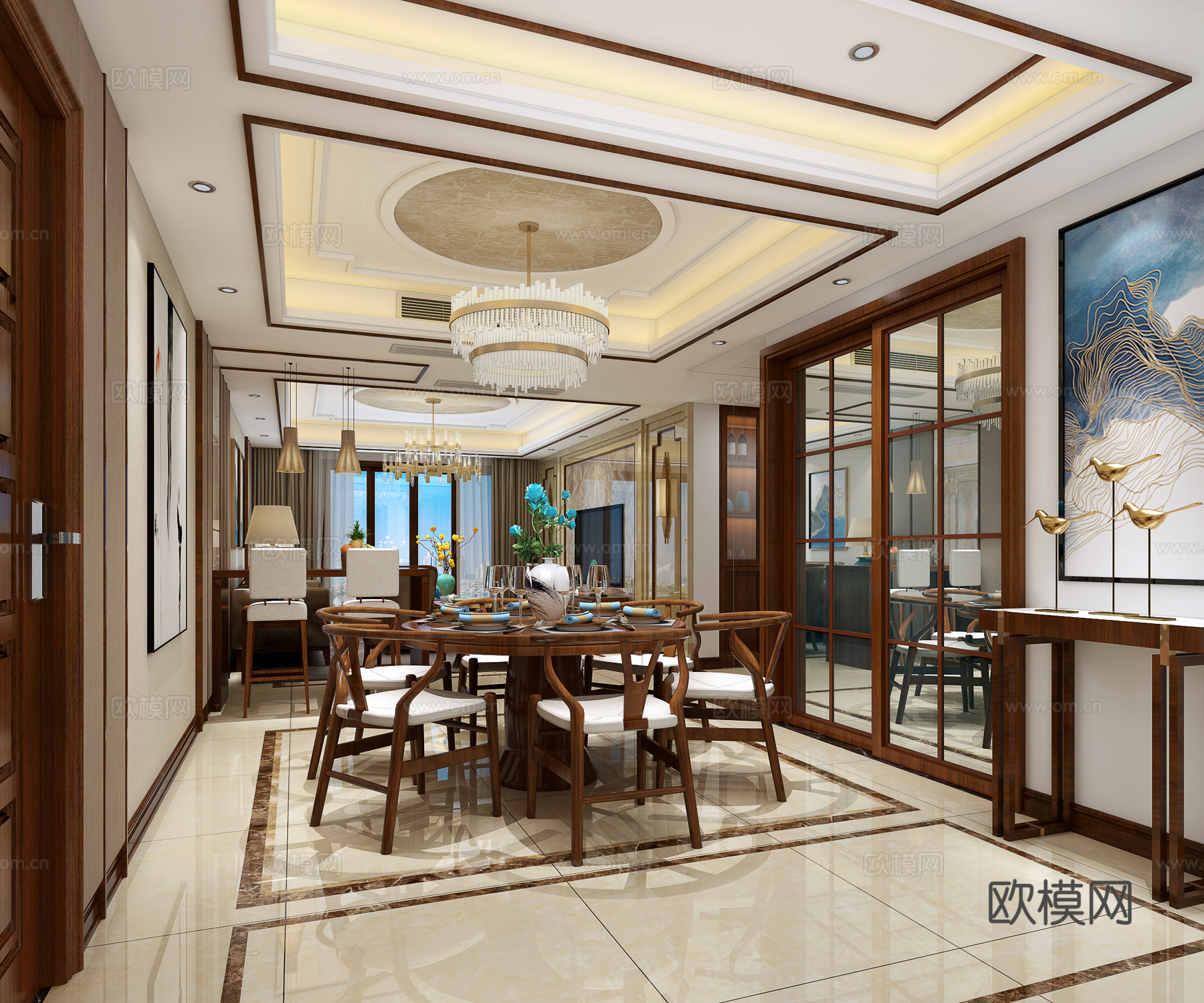 新中式风格餐厅 客餐厅 沙发茶几 餐桌椅 客厅 吊灯 挂画3d模型