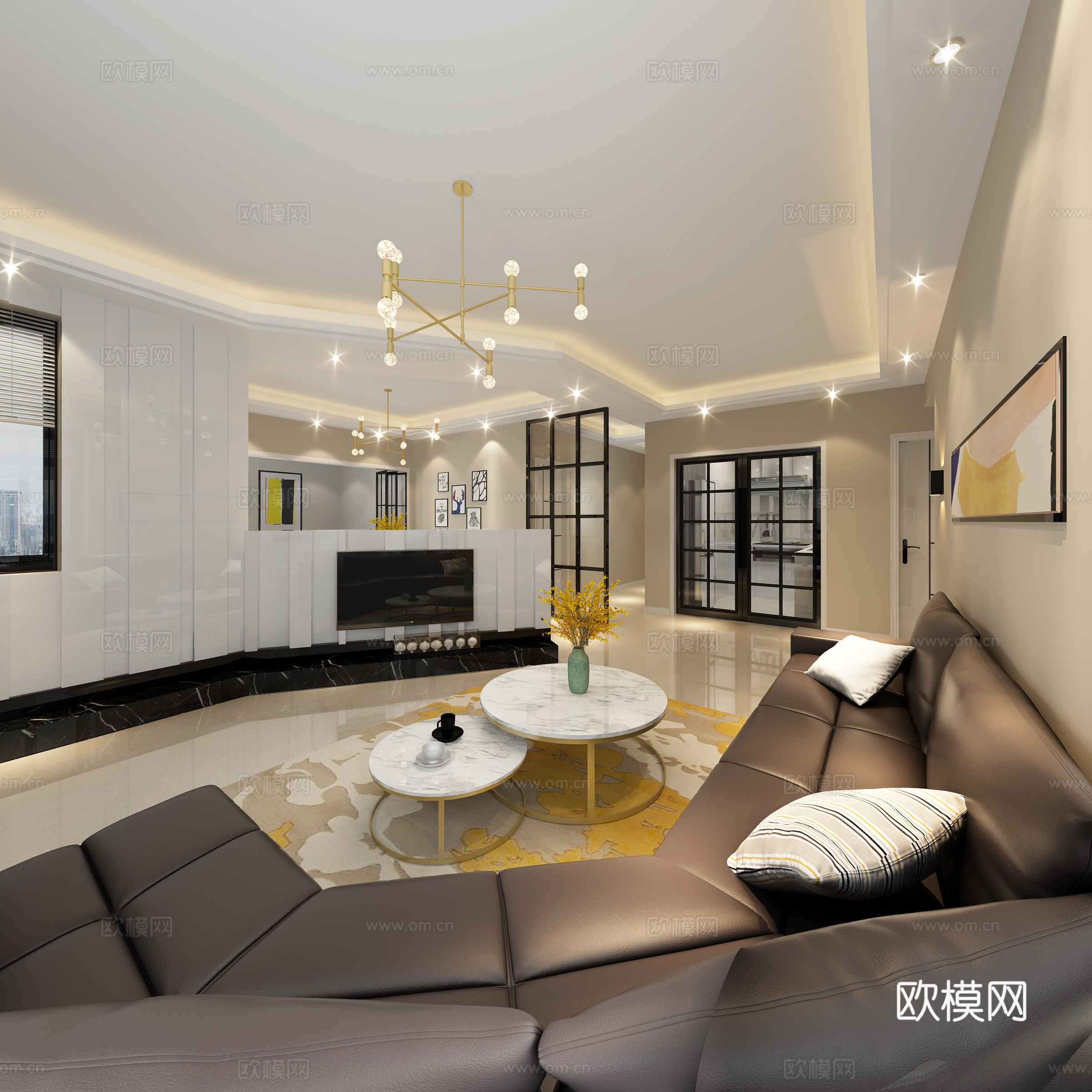 现代客厅卧室 多人沙发 茶几 吊灯 双人床 挂画 餐桌椅3d模型