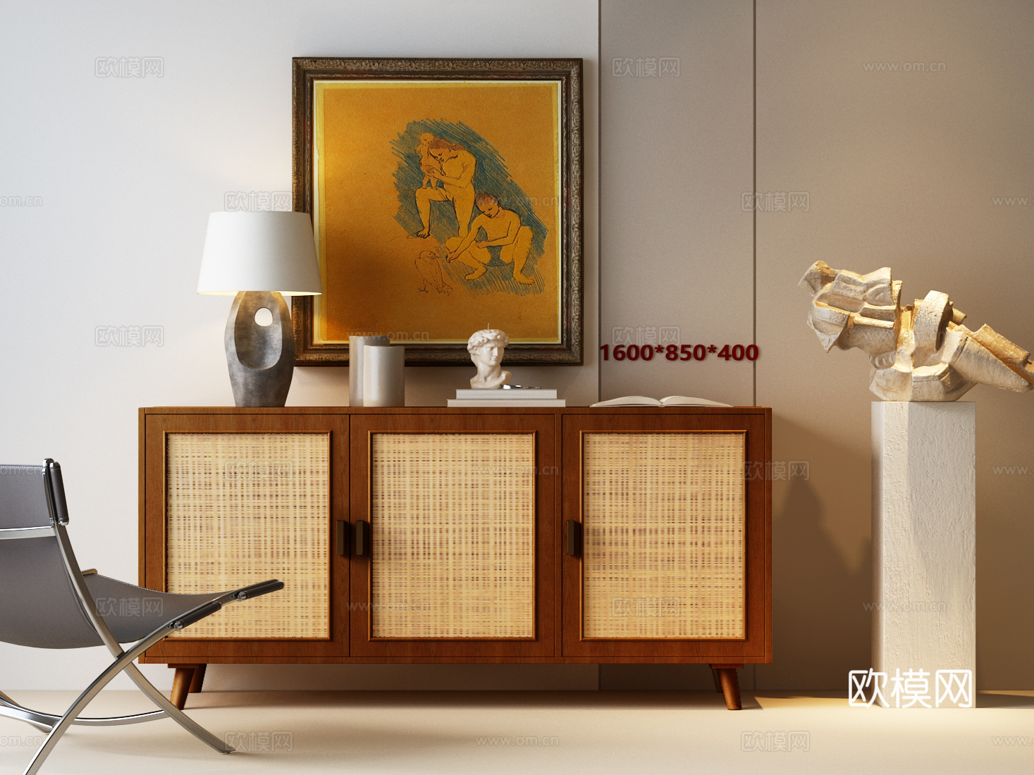 侘寂中古装饰柜 现代中古装饰柜 中古装饰画 斗柜 边柜 台灯3d模型
