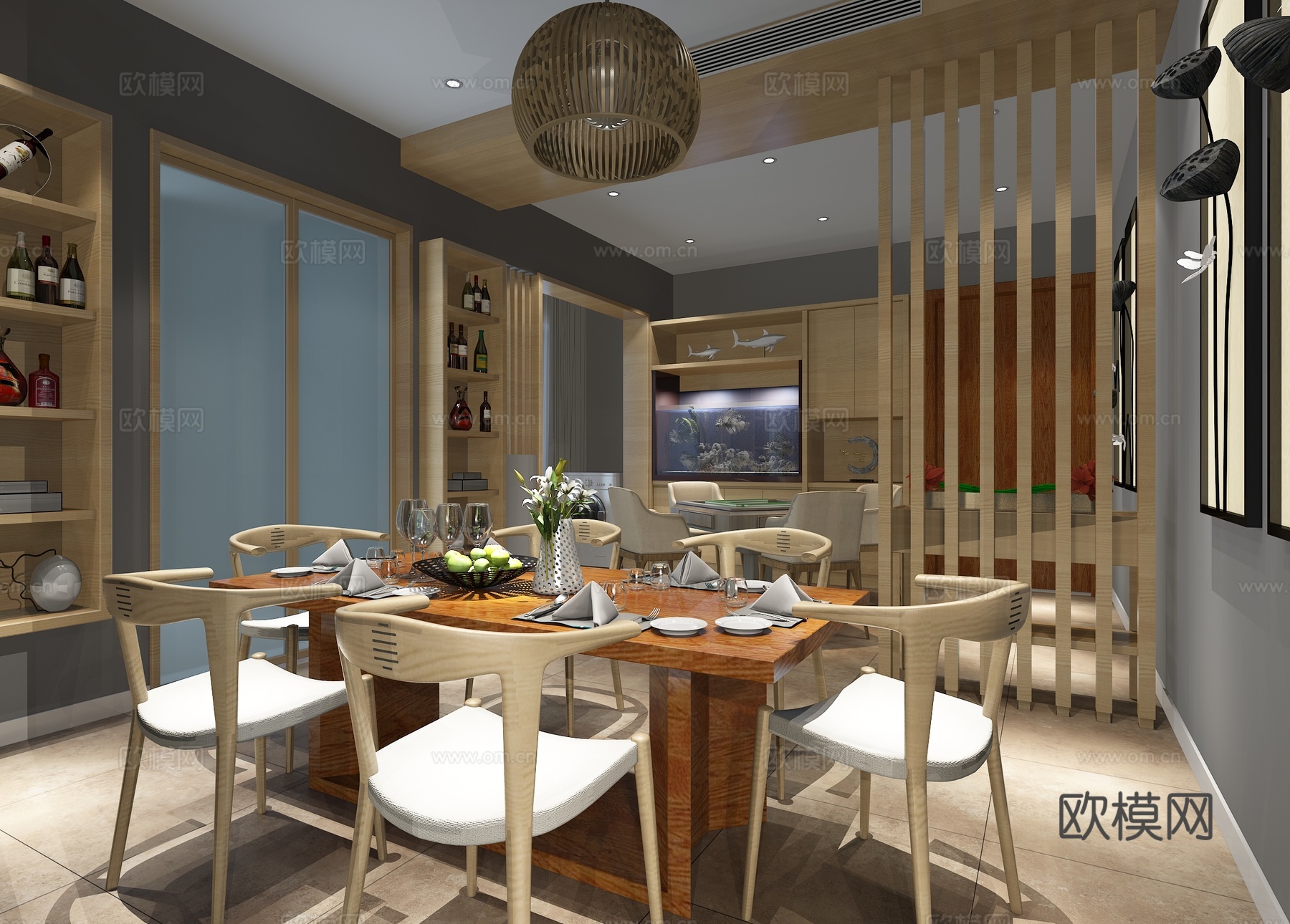 新中式餐厅 吊灯 餐桌椅组合3d模型