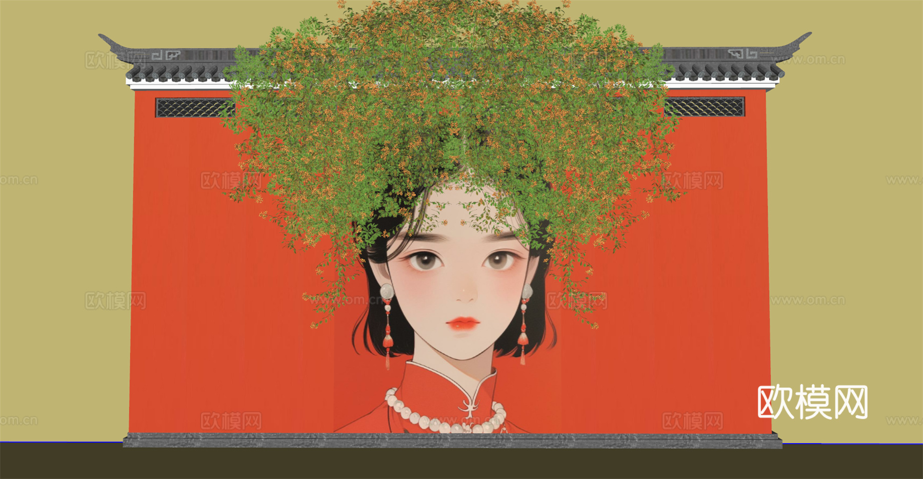 新中式藤蔓 绿植墙 墙绘su模型
