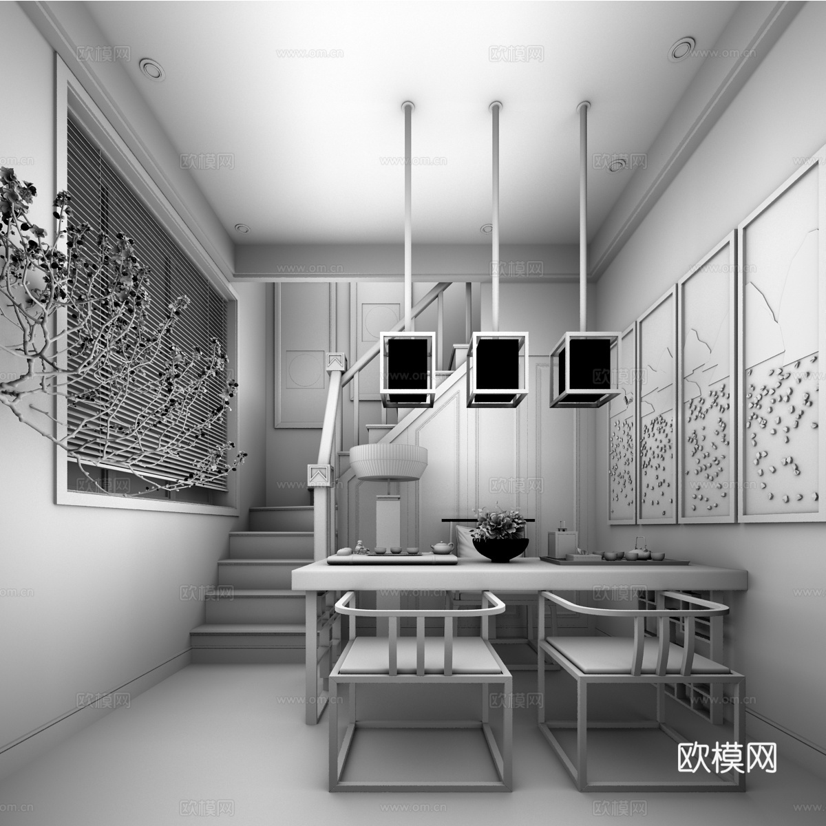 现代餐厅 餐桌椅组合  吊灯3d模型