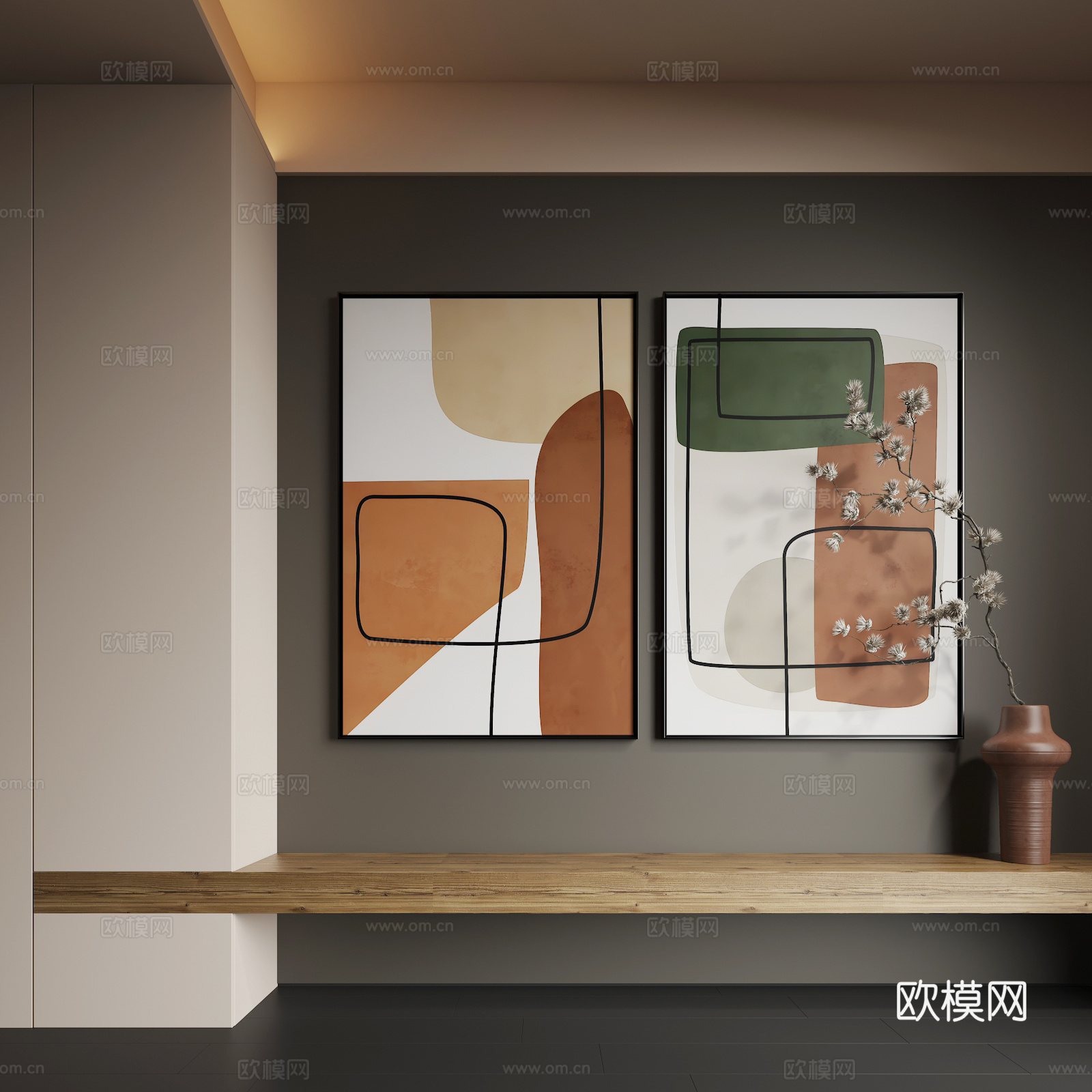 现代挂画 现代抽象挂画 现代组合画su模型