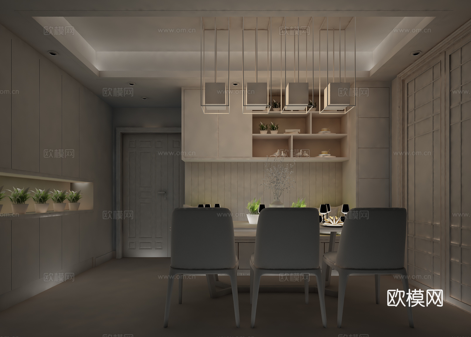 现代简欧餐厅 餐桌椅 吊灯3d模型