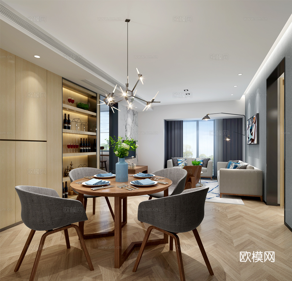 现代餐厅 沙发茶几组合 餐桌椅组合 酒柜 吊灯 壁灯3d模型