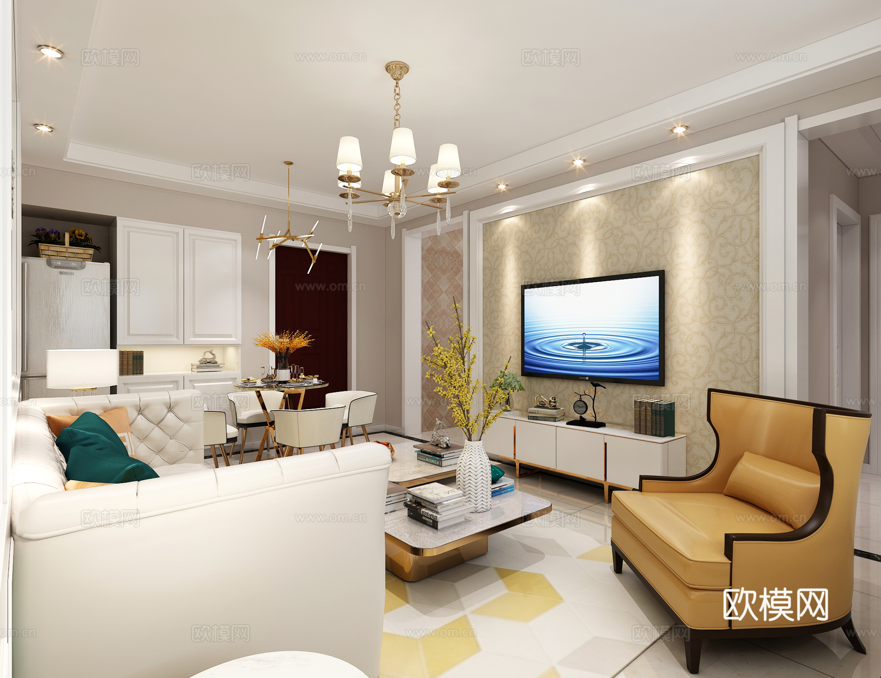 北欧轻奢客厅 吊灯 台灯 多人沙发 单人沙发 茶几 装饰3d模型