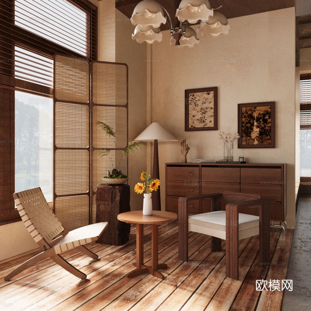 侘寂休闲椅组合 实木斗柜 落地灯 侘寂屏风su模型