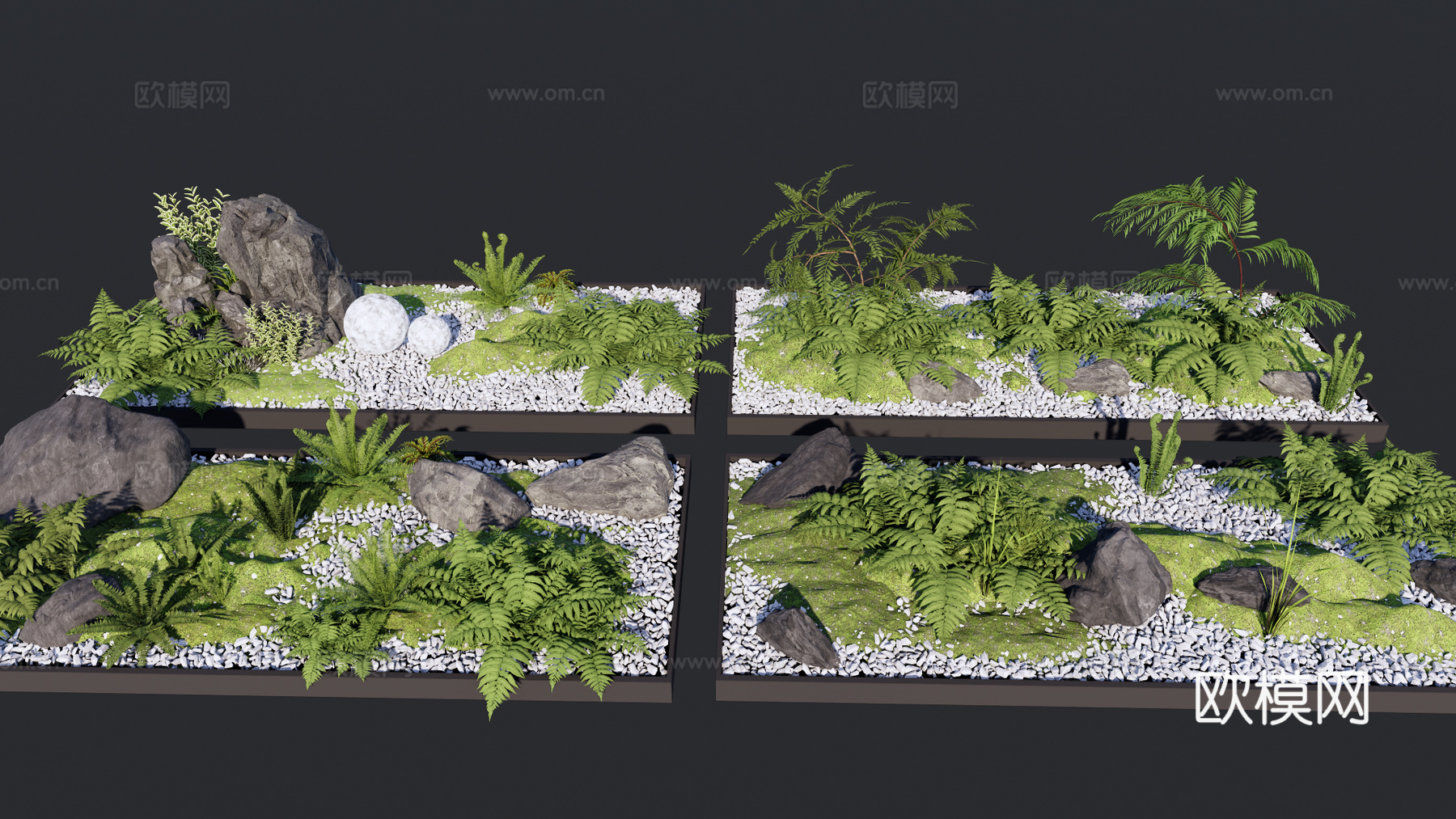 新中式庭院花园景观 枯水小品 蕨类造景 假景石组团 户外su模型