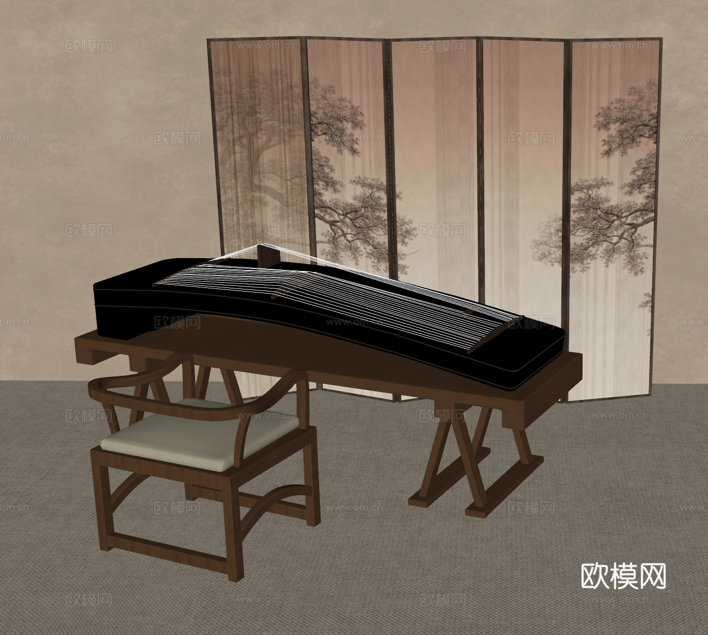 古筝 新中式乐器 新中式屏风 古琴 传统乐器 古筝桌椅 新中su模型