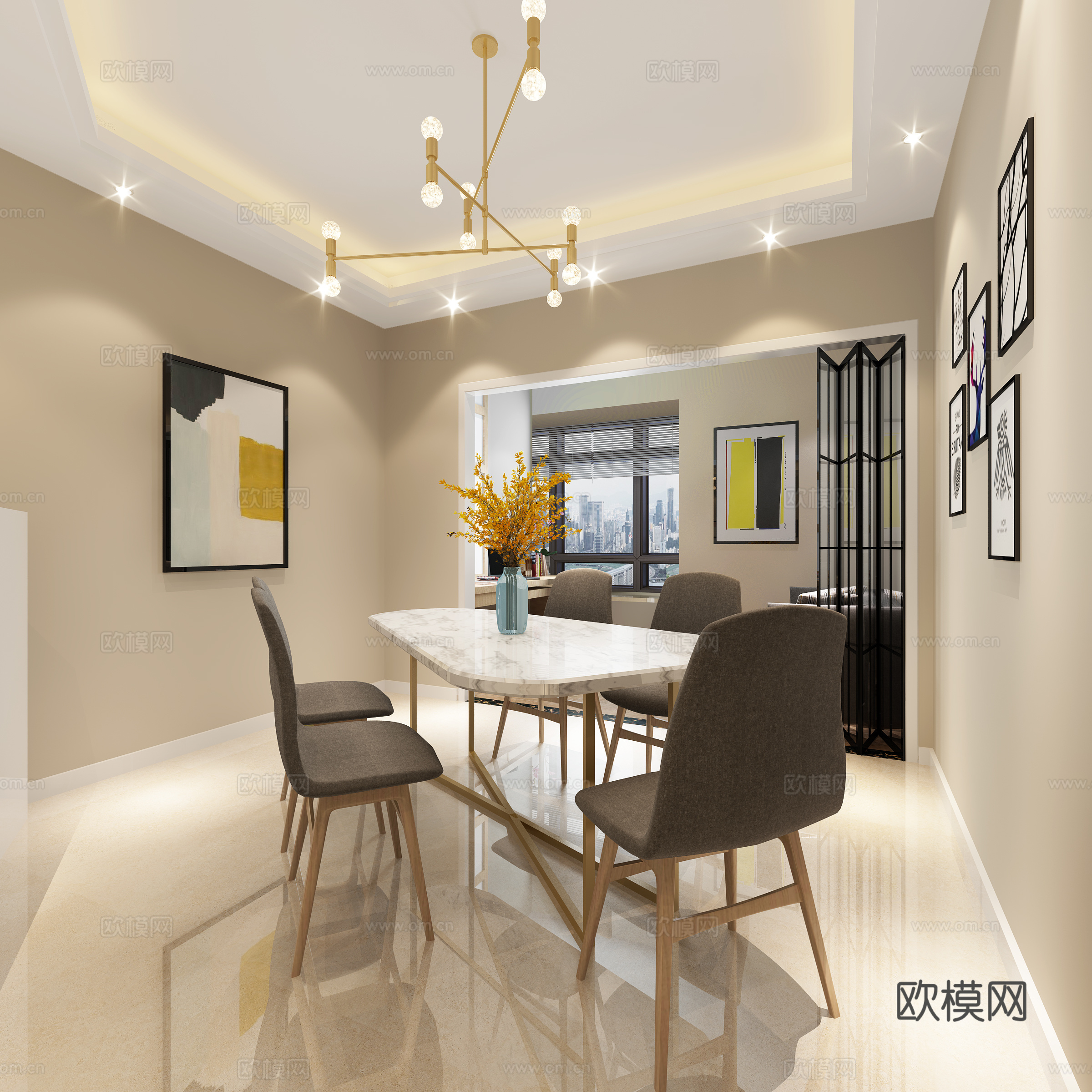 现代客厅卧室 多人沙发 茶几 吊灯 双人床 挂画 餐桌椅3d模型