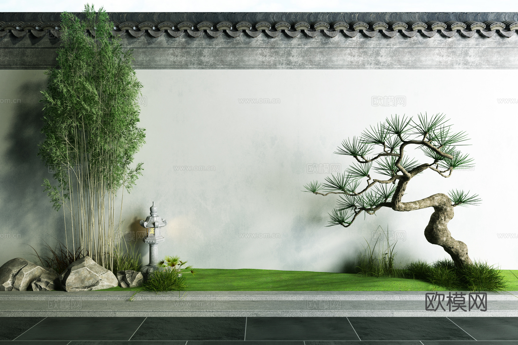 中式绿植景观小品3d模型