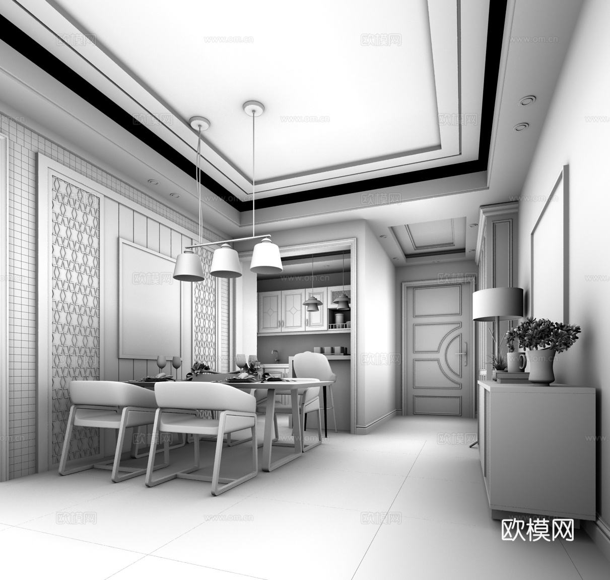 欧式简约餐厅 餐桌椅 吊灯3d模型