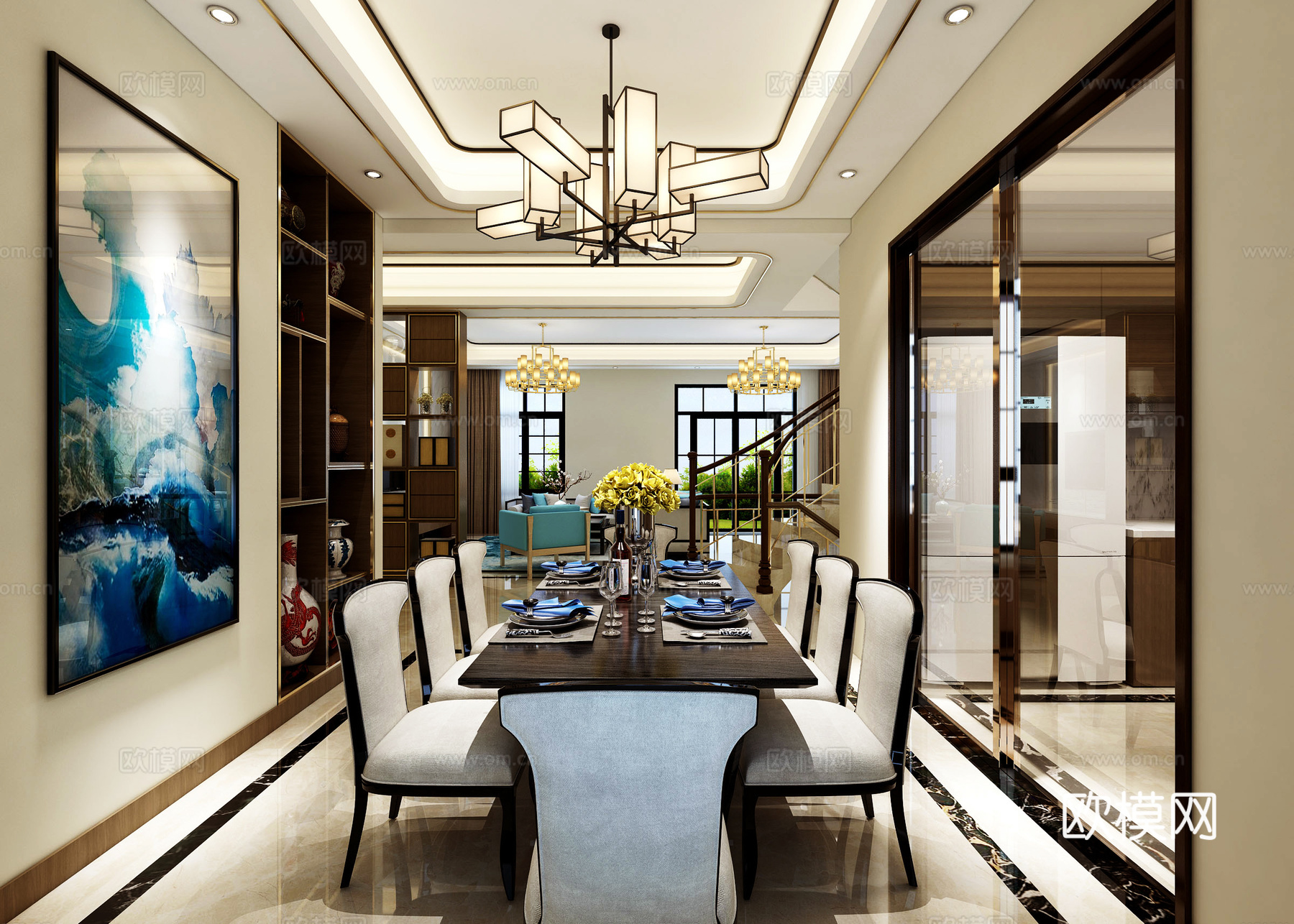 新中式客厅餐厅 客餐厅 沙发茶几 餐桌椅 客厅 吊灯 挂3d模型