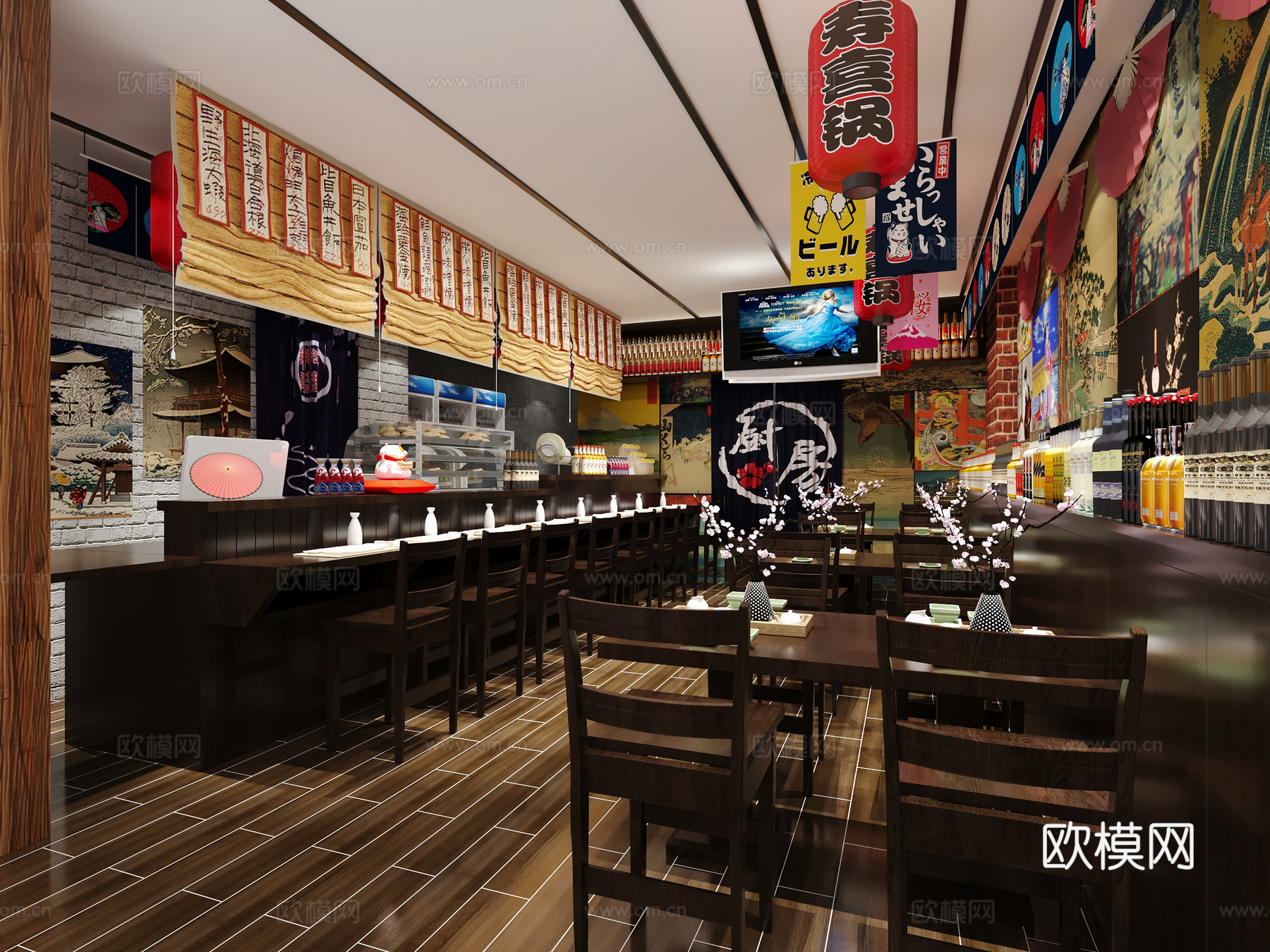 寿司店日式餐厅日料店桌子椅子吊灯海报3d模型