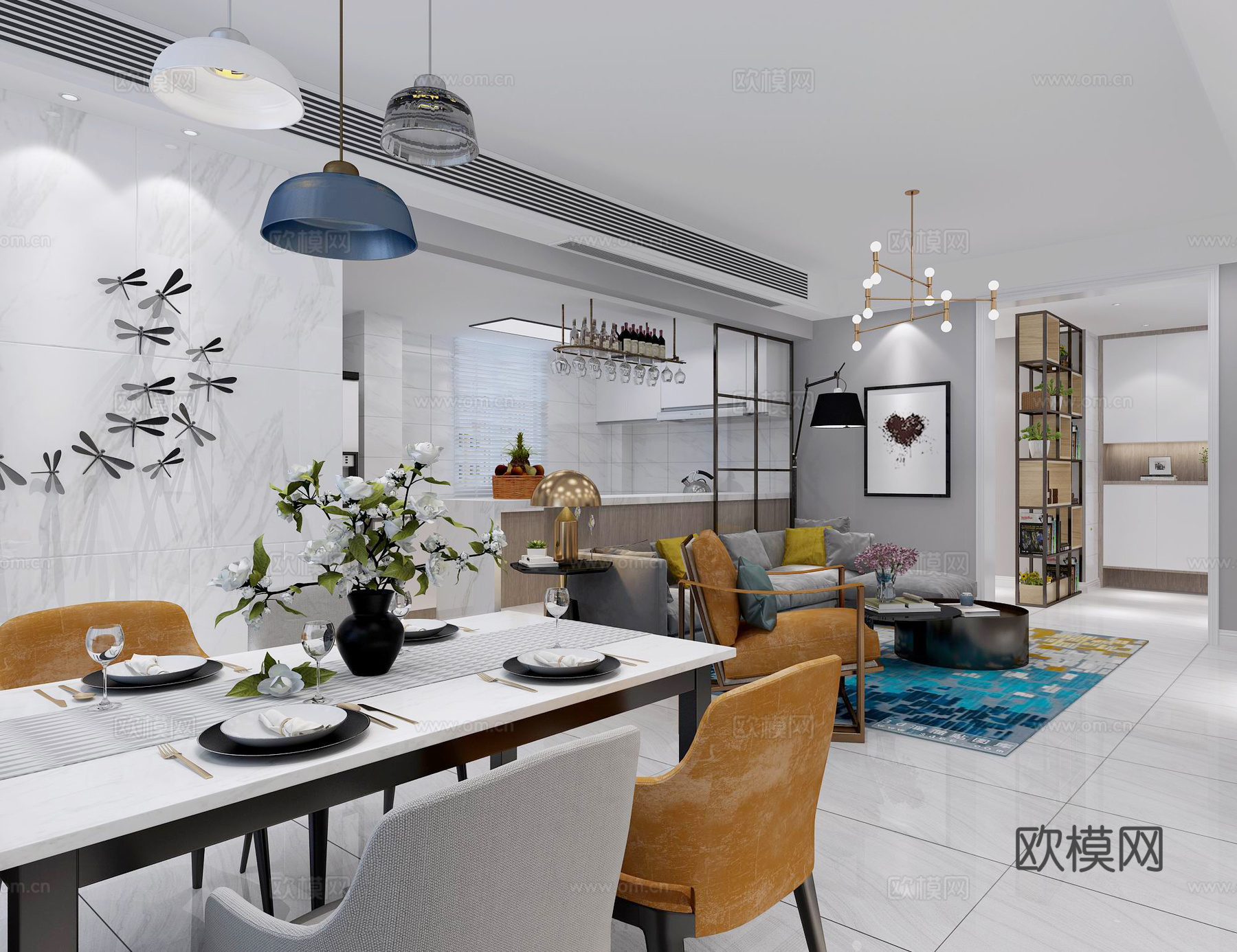 后现代餐厅 餐桌椅组合3d模型