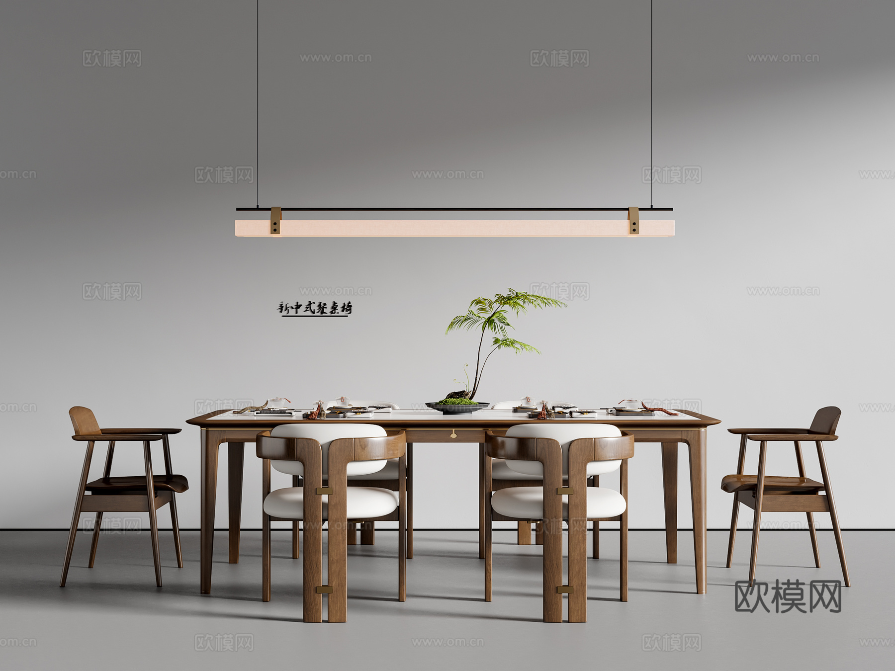 新中式宋式风餐桌椅 长桌 吊灯3d模型