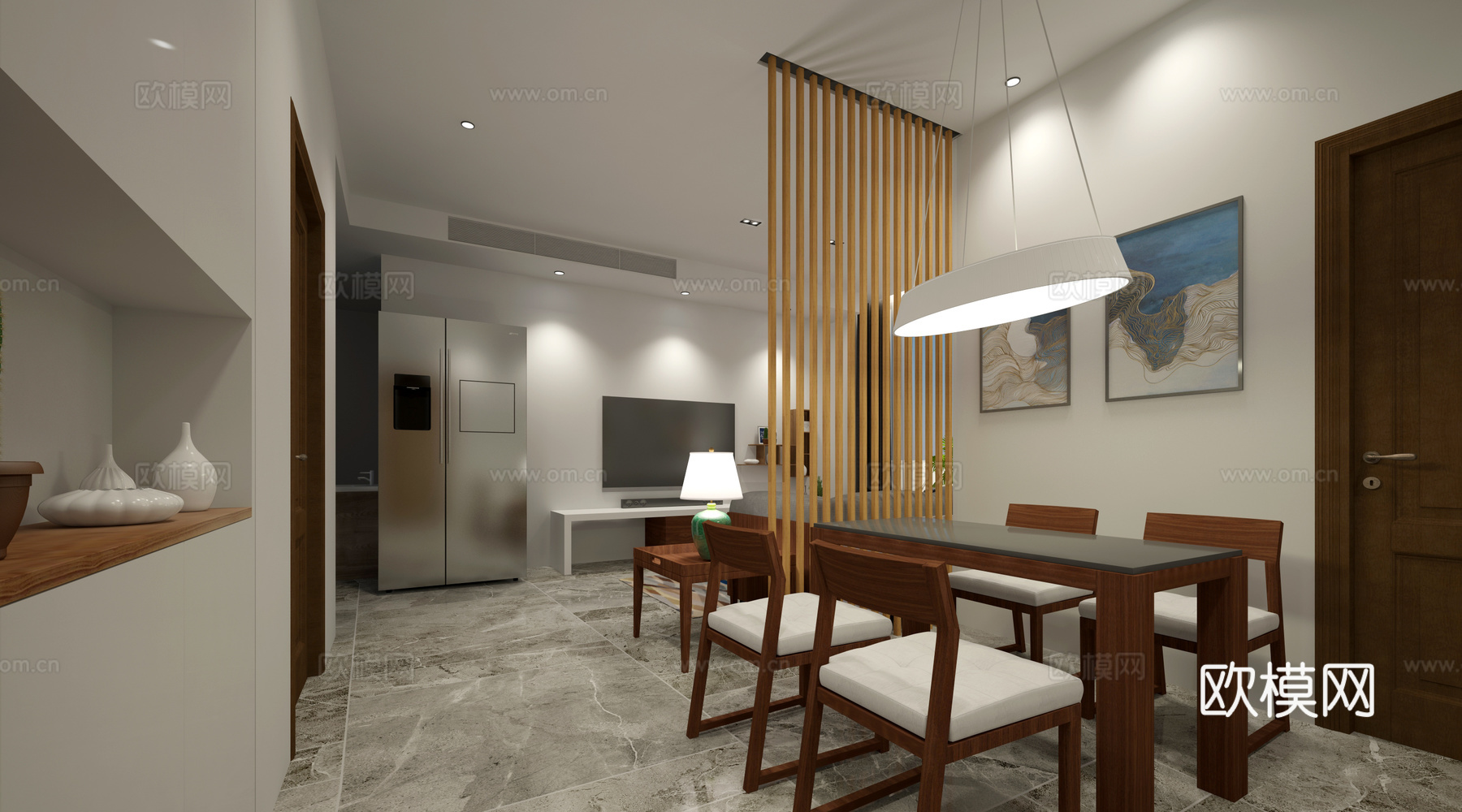 现代餐厅 吊灯 餐桌椅 挂画3d模型