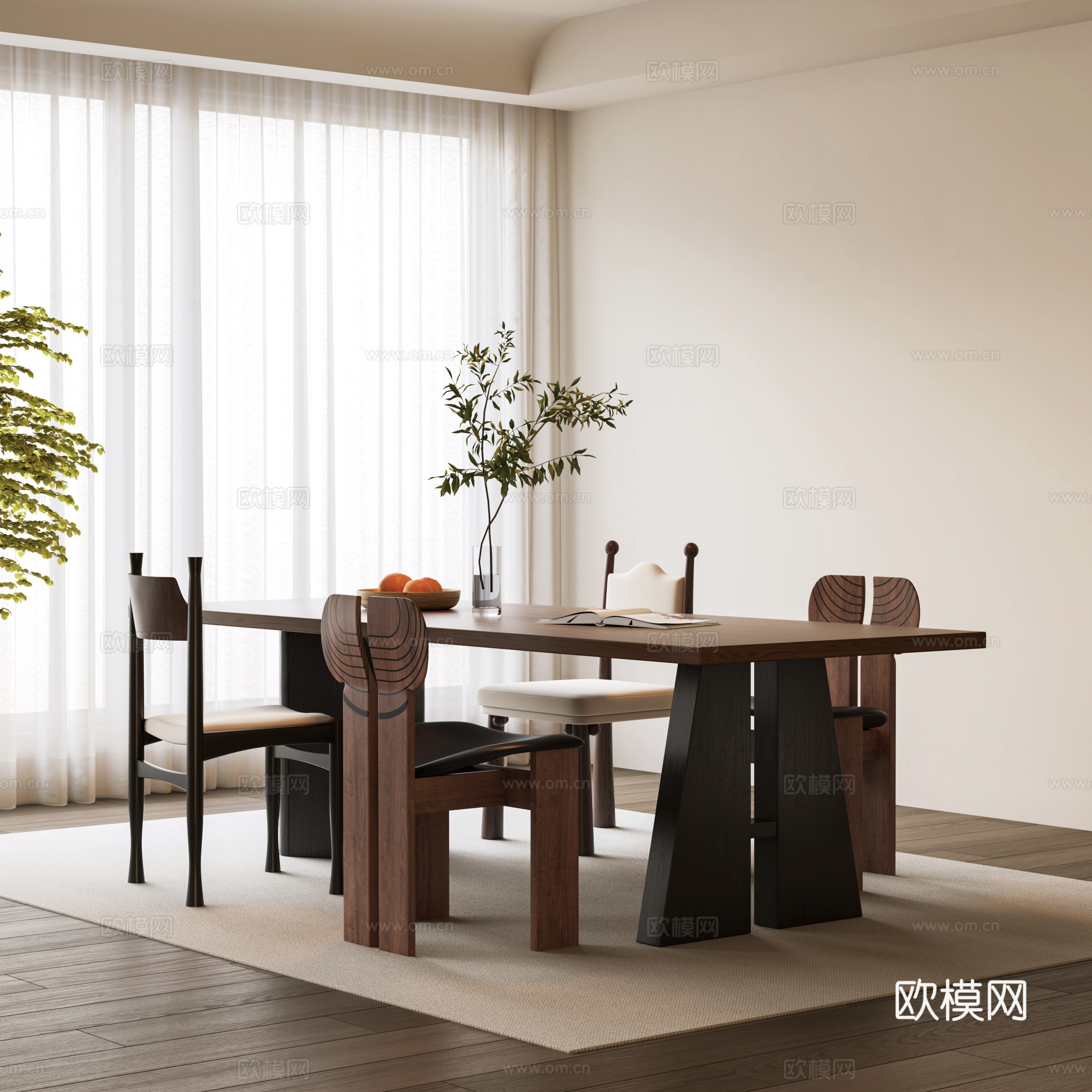 法式中古风餐桌椅组合 实木餐桌 木质餐椅 长餐桌 中古风餐厅su模型