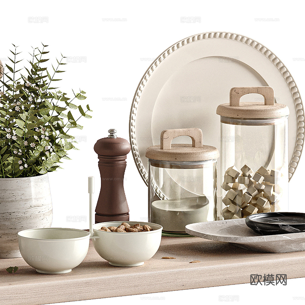 现代侘寂奶油风餐具组合3d模型