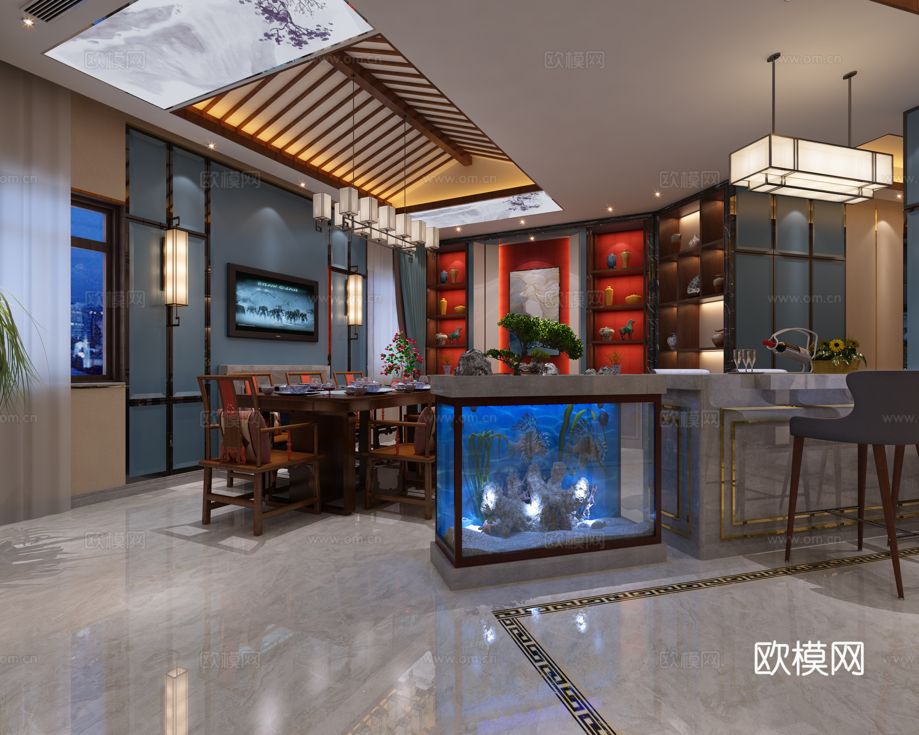 新中式客餐厅 入户过道  吊灯  沙发  餐桌椅  鱼缸3d模型
