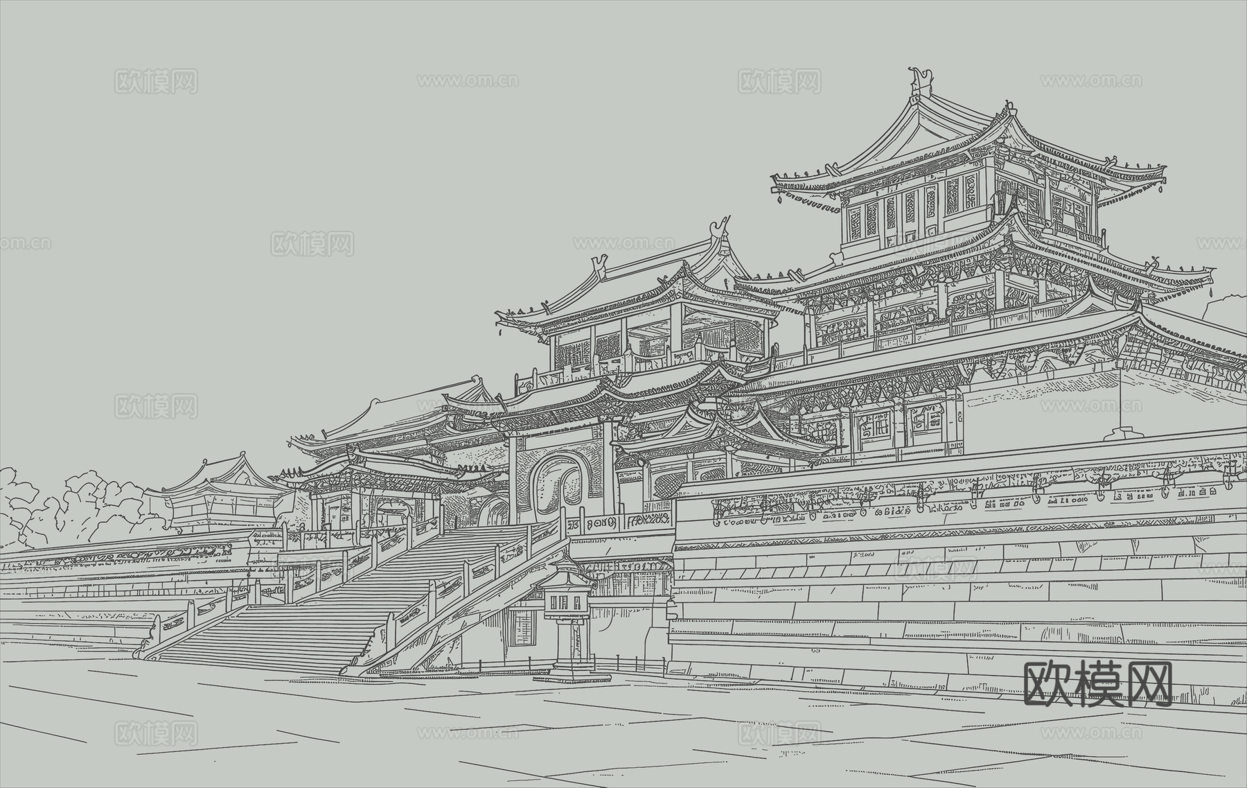 新中式亭台楼阁中式建筑线条肌理工装背景墙下载（渲染图5）