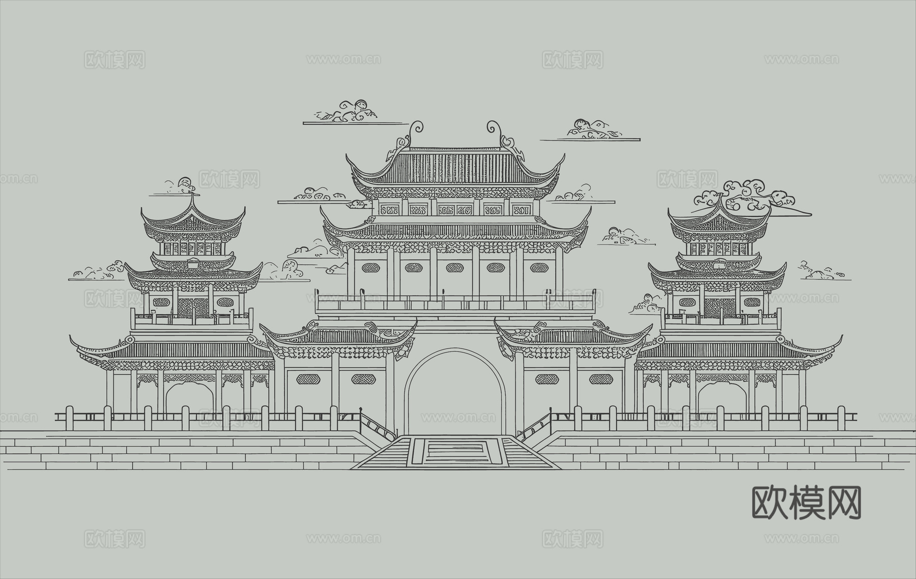 新中式亭台楼阁中式建筑线条肌理工装背景墙下载（渲染图4）