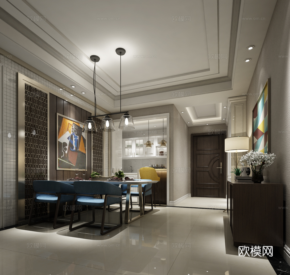 欧式简约餐厅 餐桌椅 吊灯3d模型