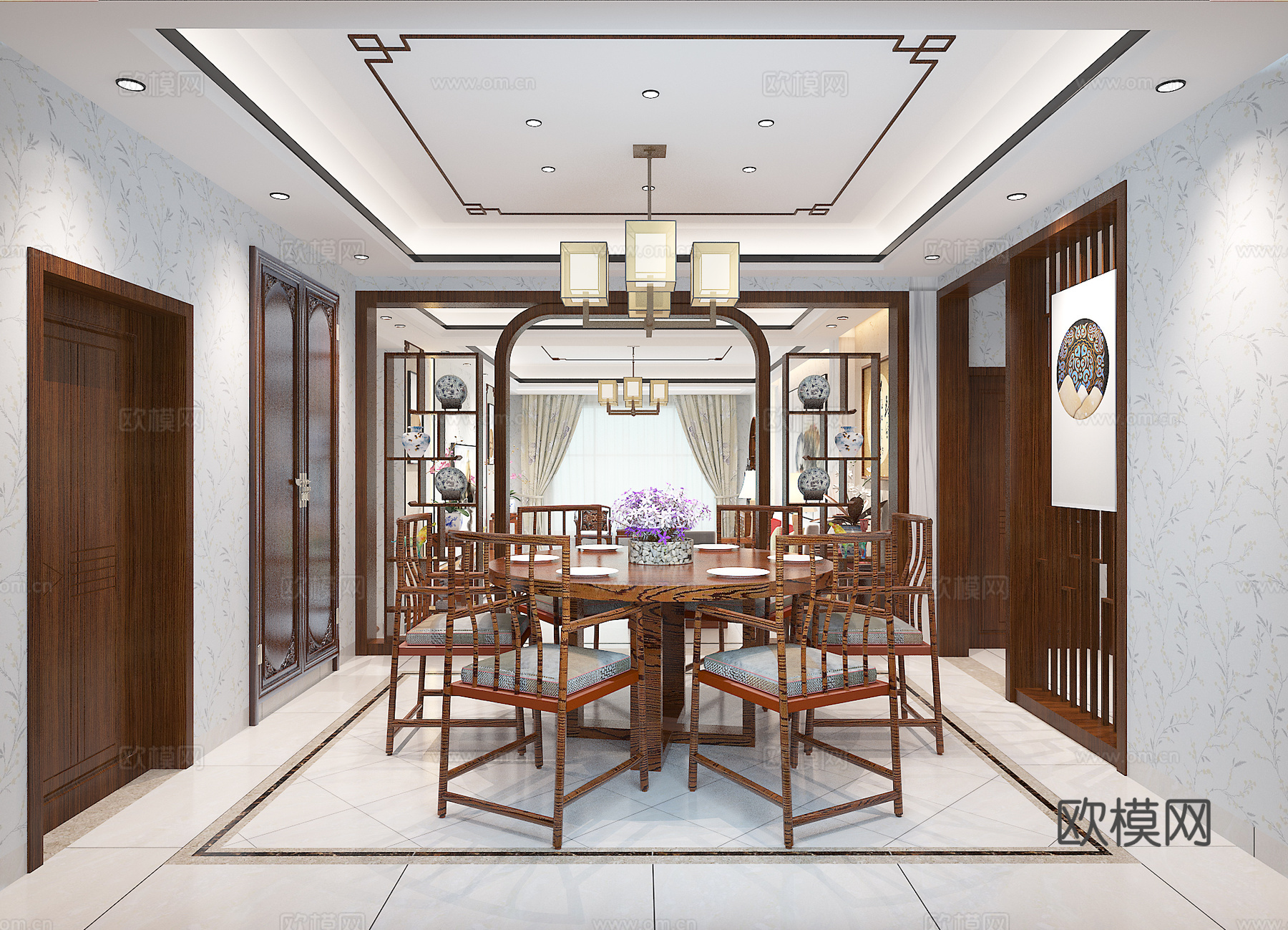 新中式客餐厅 沙发茶几 餐桌椅 吊灯 电视柜 玄关柜3d模型
