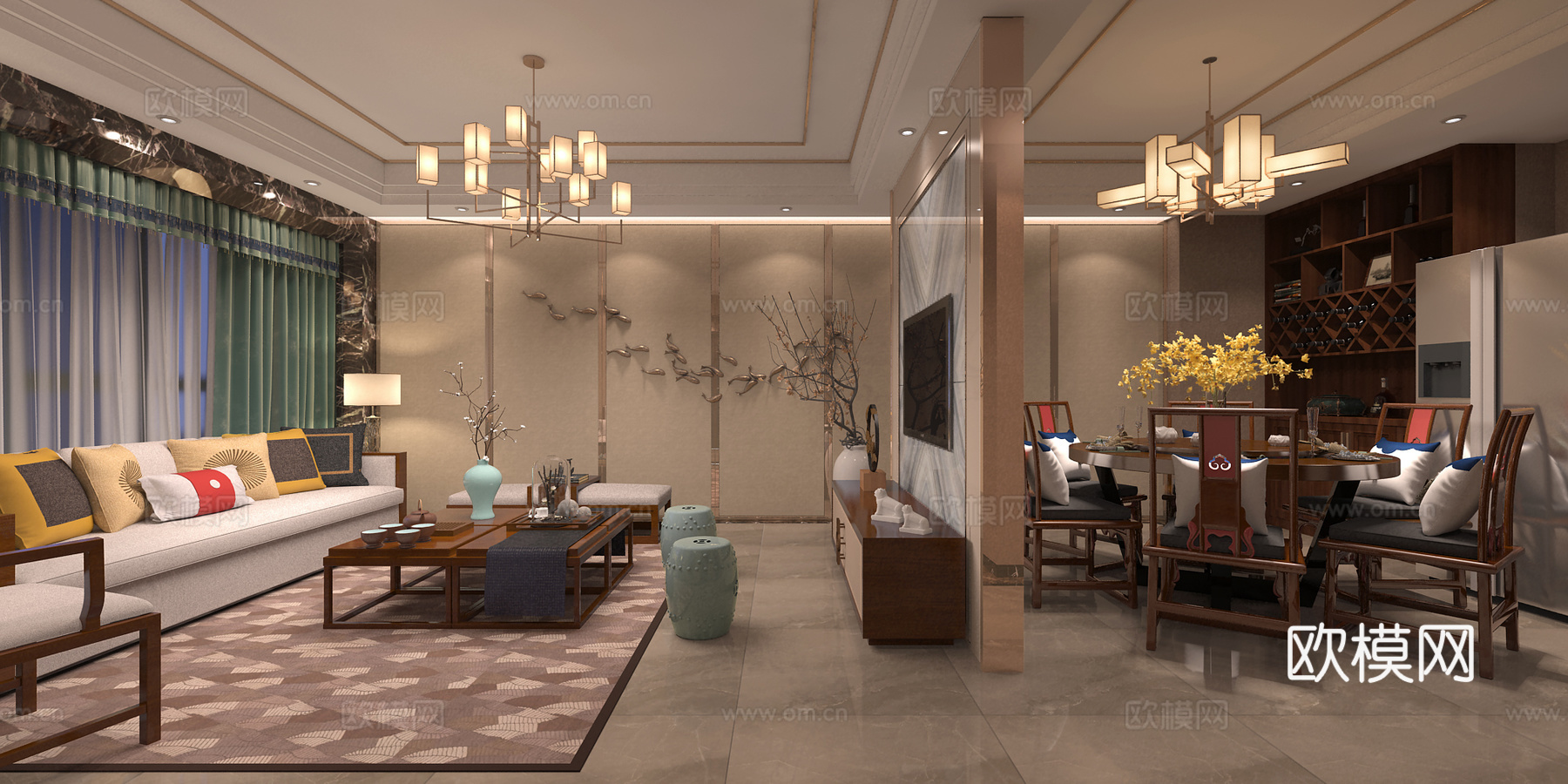 新中式东方韵意客餐厅 沙发茶几 吊灯 茶桌椅 餐桌椅3d模型
