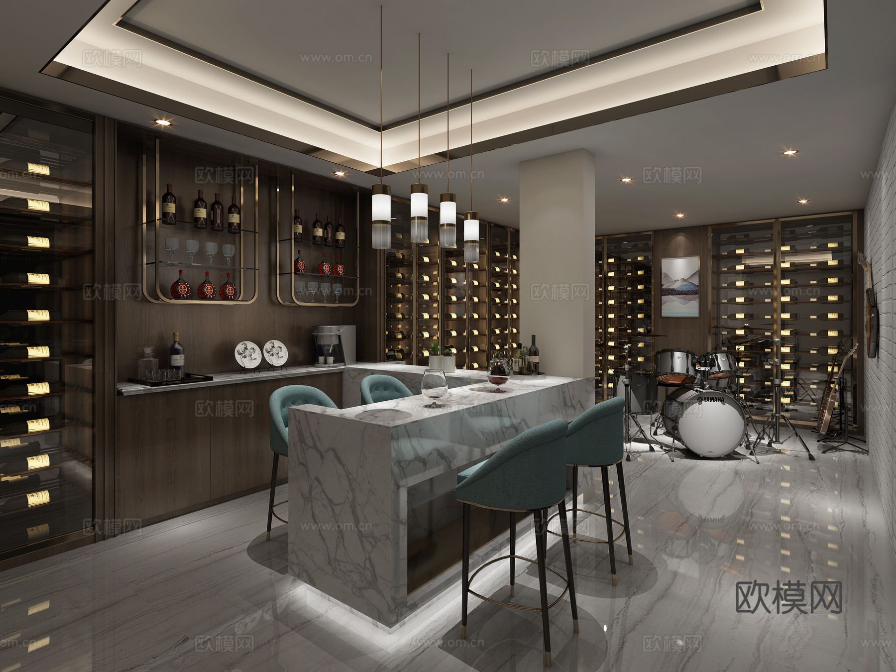 新中式酒窖 健身器材 架子鼓 酒柜 餐桌椅3d模型