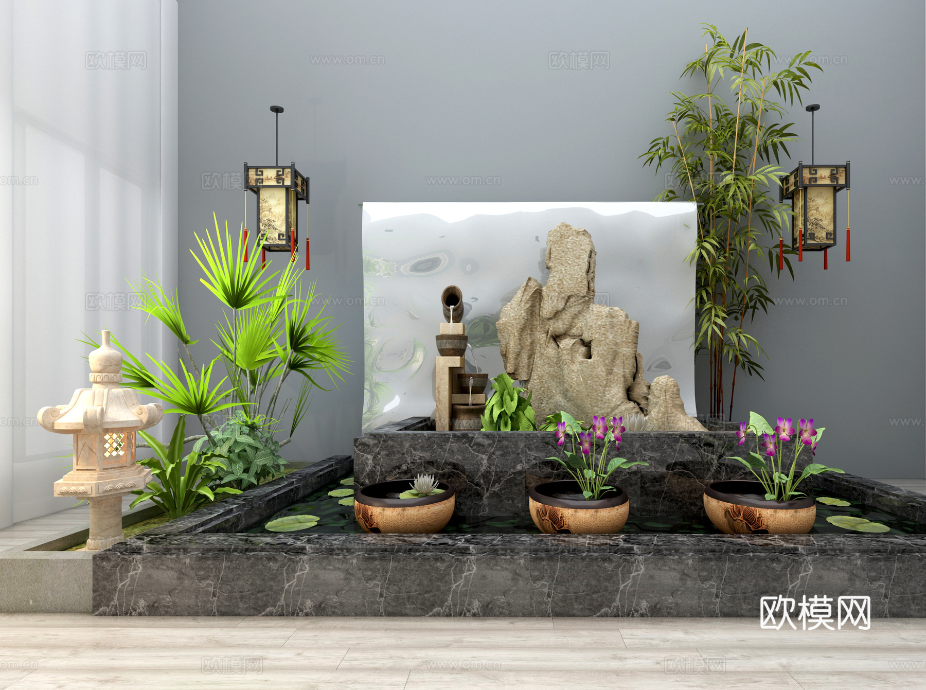 园林小品 景观园林 假山水 地灯 吊灯 竹子 花 摆件3d模型