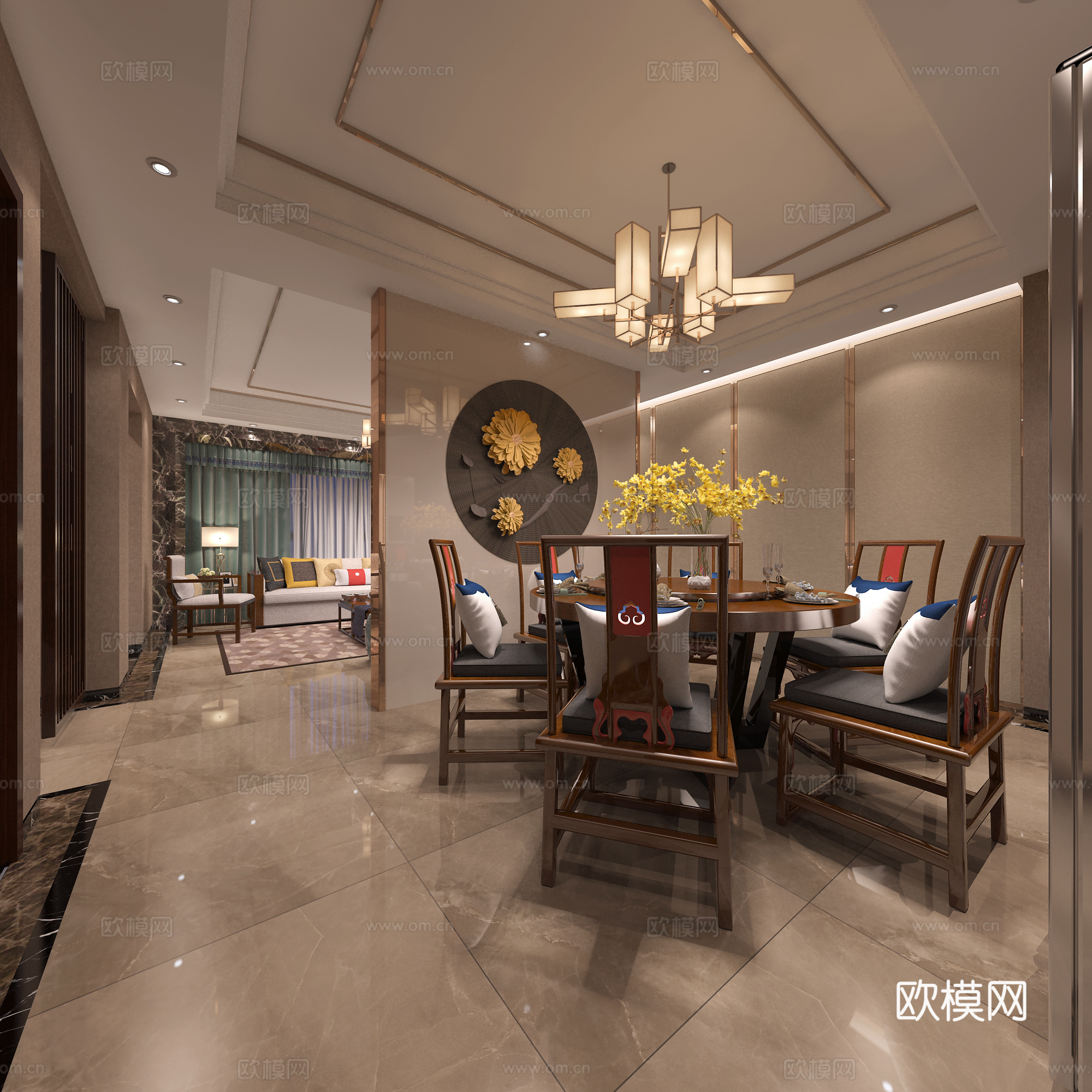 新中式东方韵意客餐厅 沙发茶几 吊灯 茶桌椅 餐桌椅3d模型
