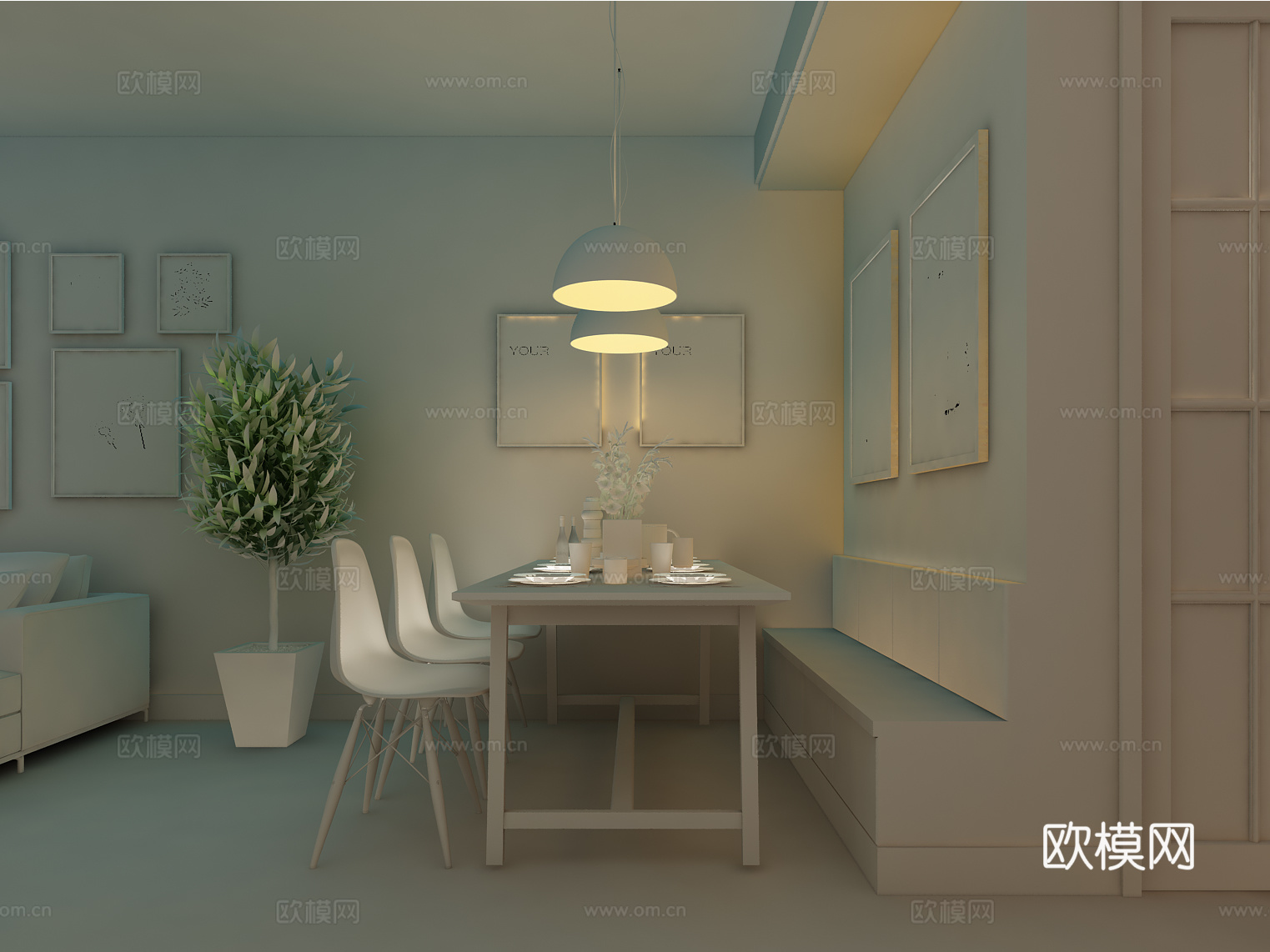现代简约餐厅 沙发 茶几 电视柜 休闲椅 吊灯3d模型