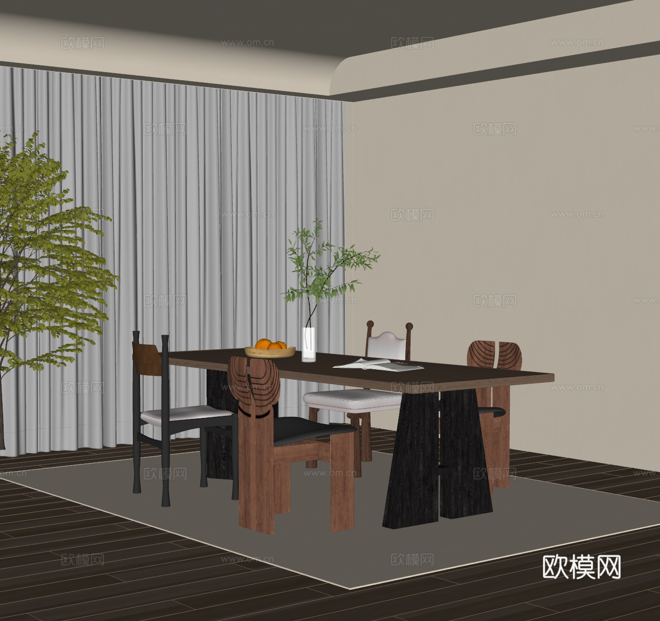 法式中古风餐桌椅组合 实木餐桌 木质餐椅 长餐桌 中古风餐厅su模型