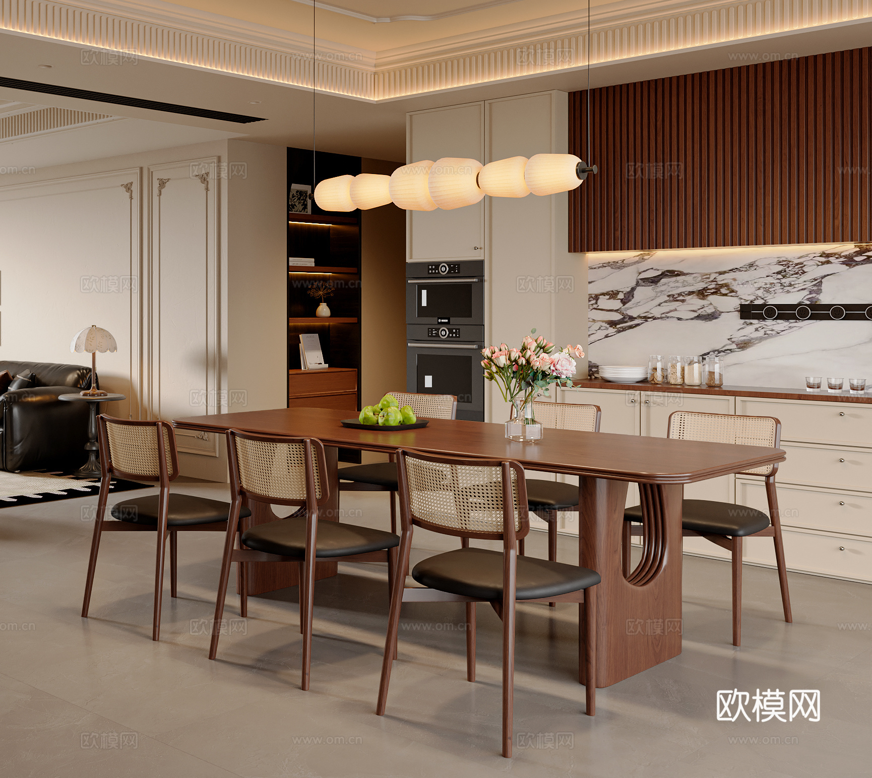 法式中古风餐桌椅组合 吊灯 餐边柜 餐桌 法式餐厅 沙发3d模型